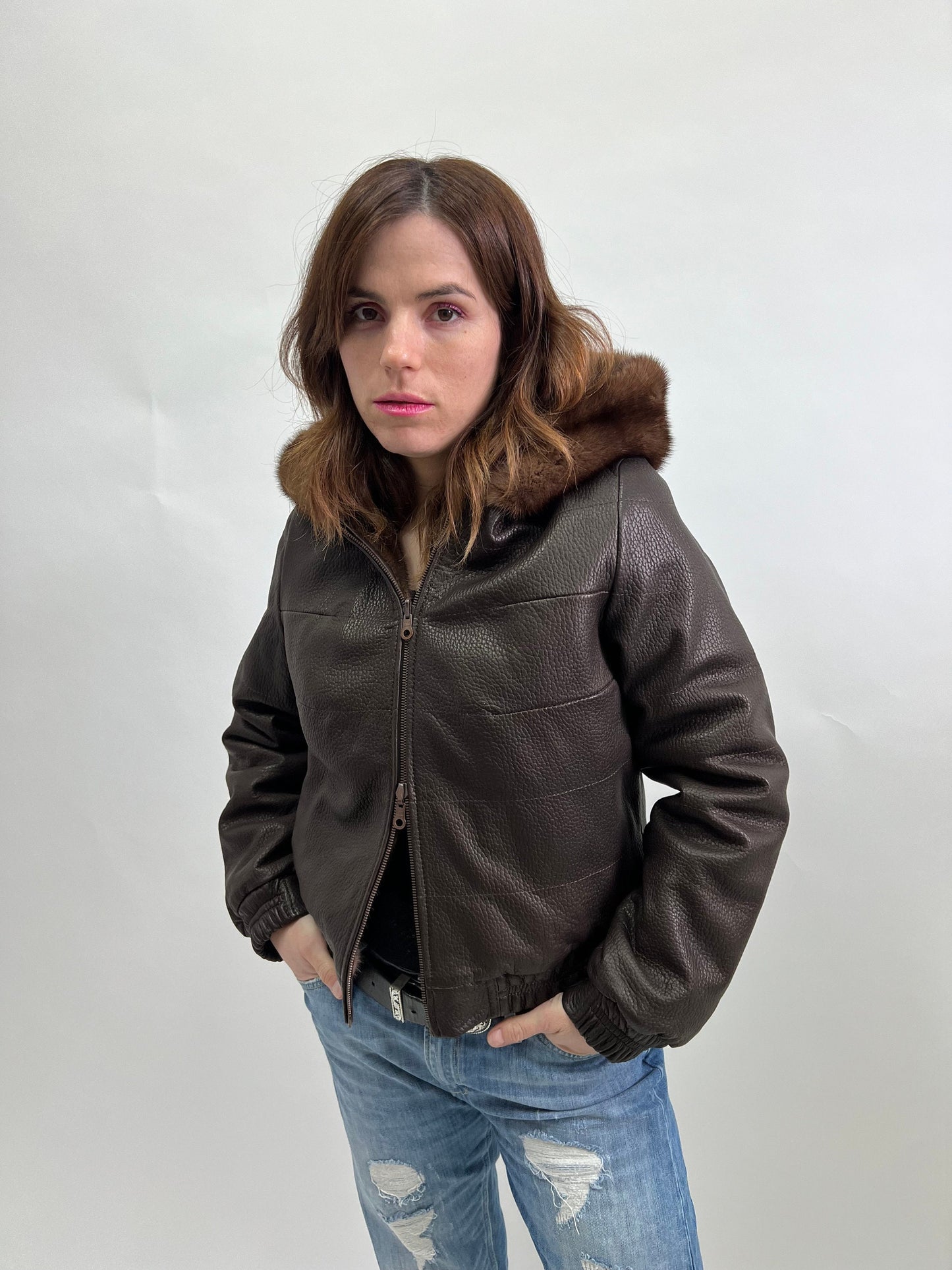 Reversible Brown Mink Fur Bomber Jacket: Leather Hooded Coat