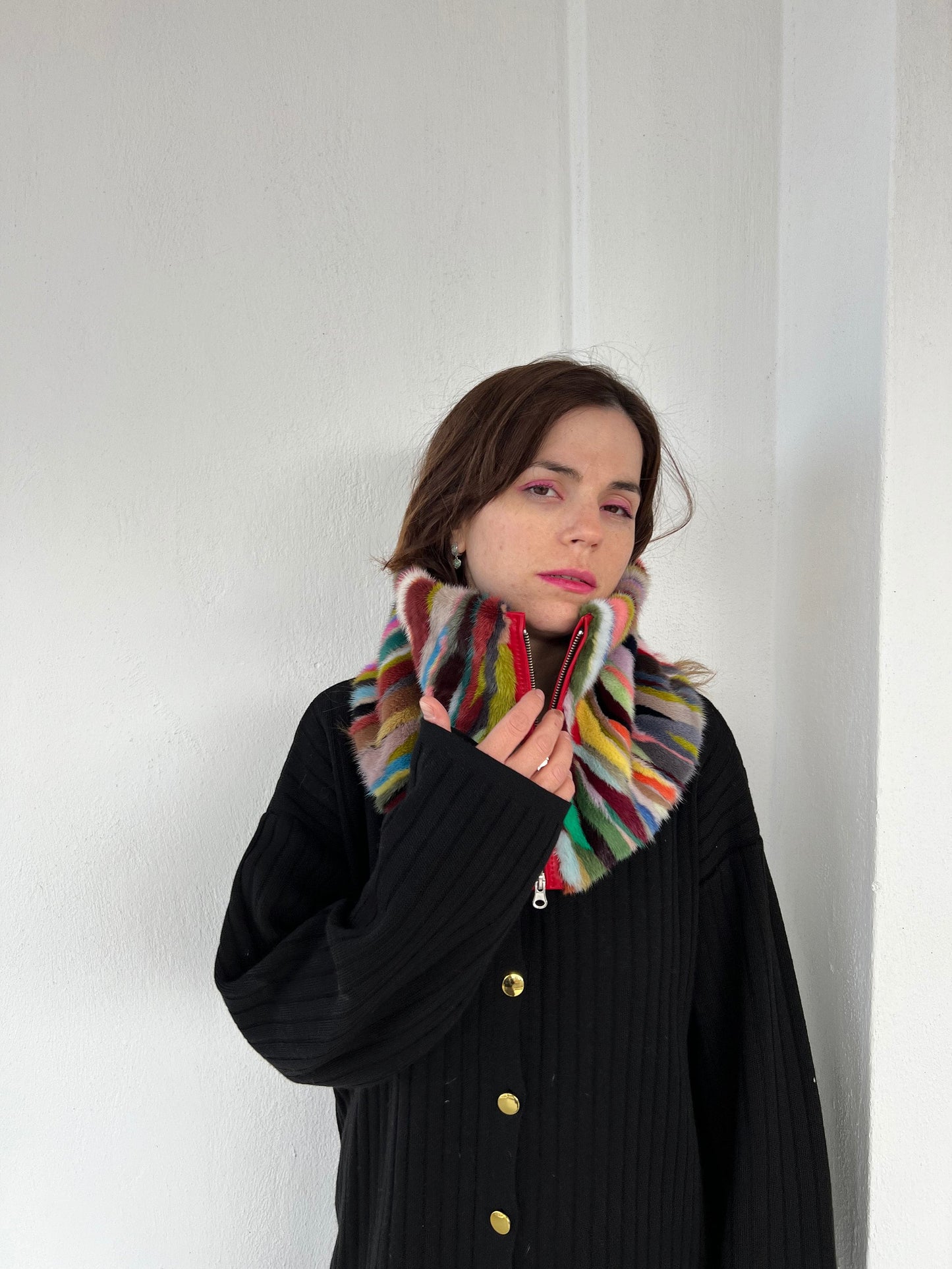 Multicolored Mink Fur Cowl: Zipped Leather Detail Infinity Scarf