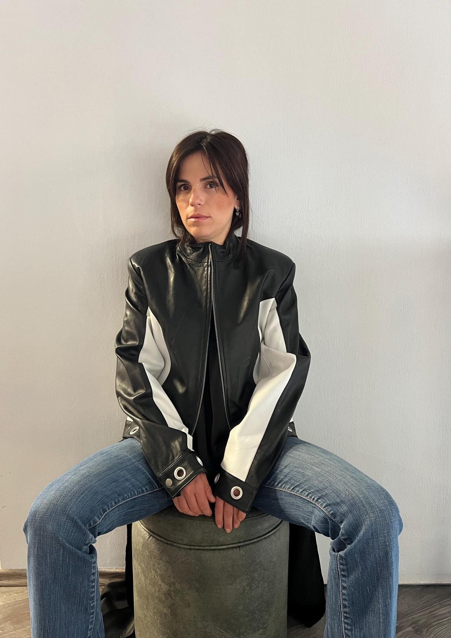 Handmade Black and White Lambskin Leather Jacket - Medium