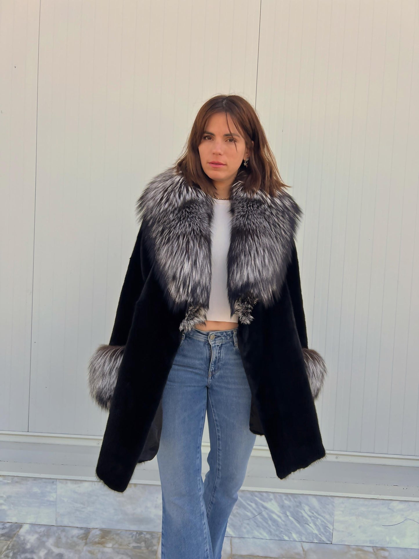Blackglama Mink Fur Stroller Coat: Silver Fox Collar & Cuffs, Handmade Luxury Jacket (Large)