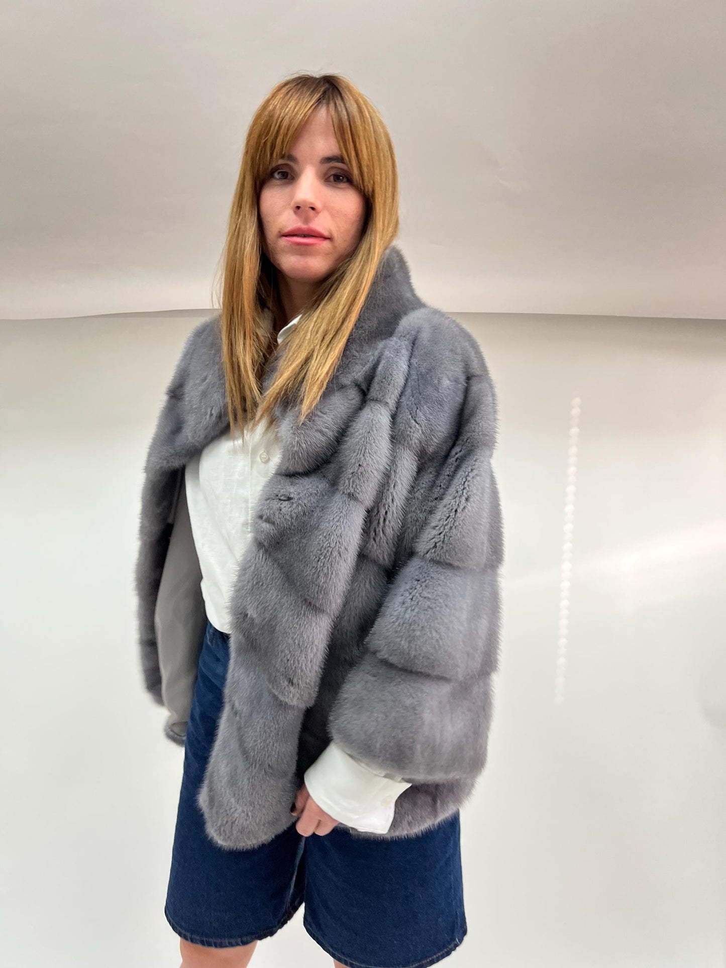 Real Silver Grey Mink Fur Coat - Saga Pelt, High Collar