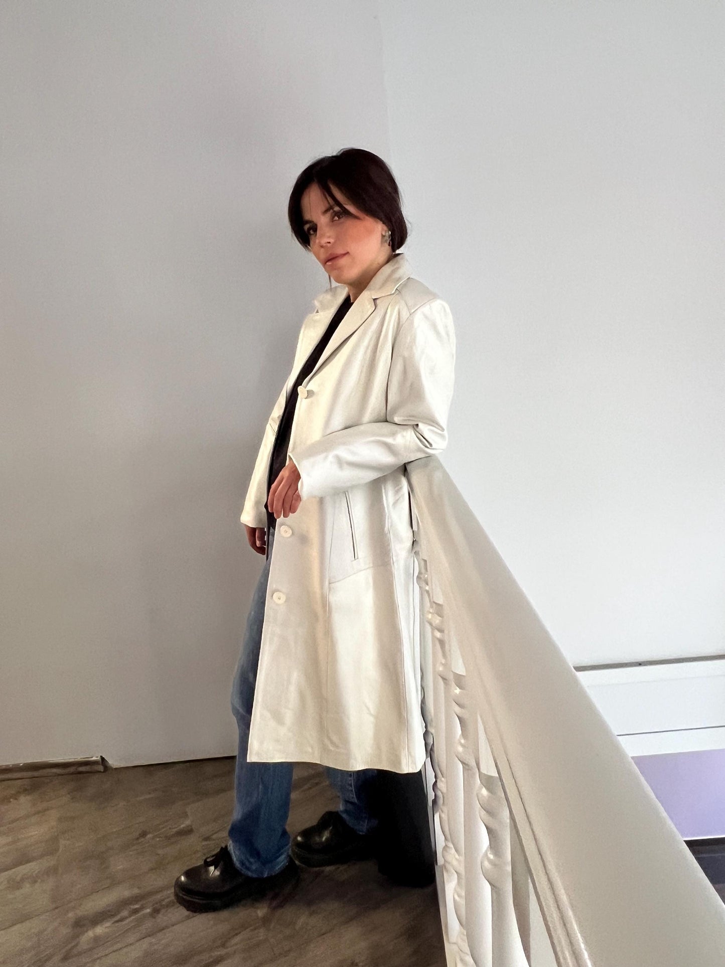 Handmade Nappa Lambskin Leather Coat: White Pearl Button-Down
