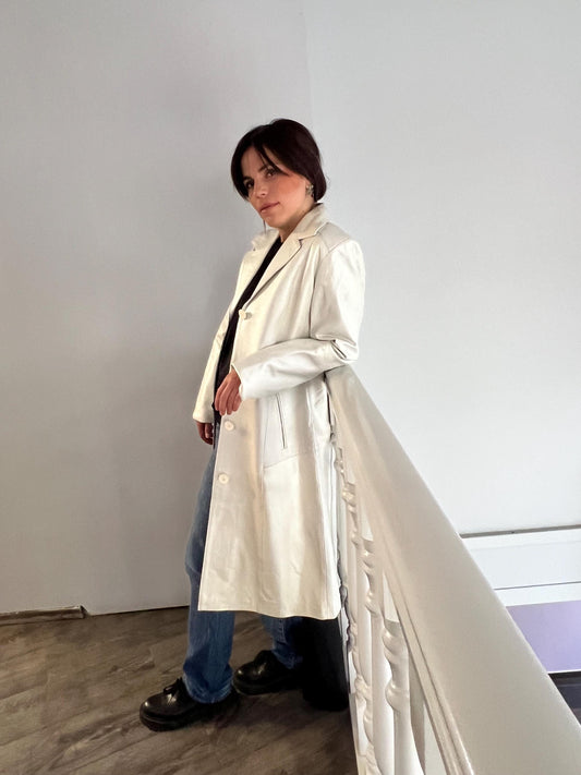 Handmade Nappa Lambskin Leather Coat: White Pearl Button-Down