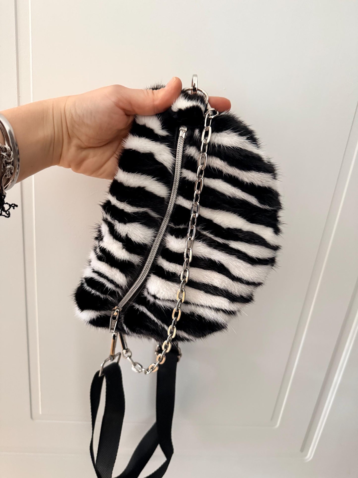 Black and white Mink Fur Bumbag with Chain: Luxury Fanny Pack