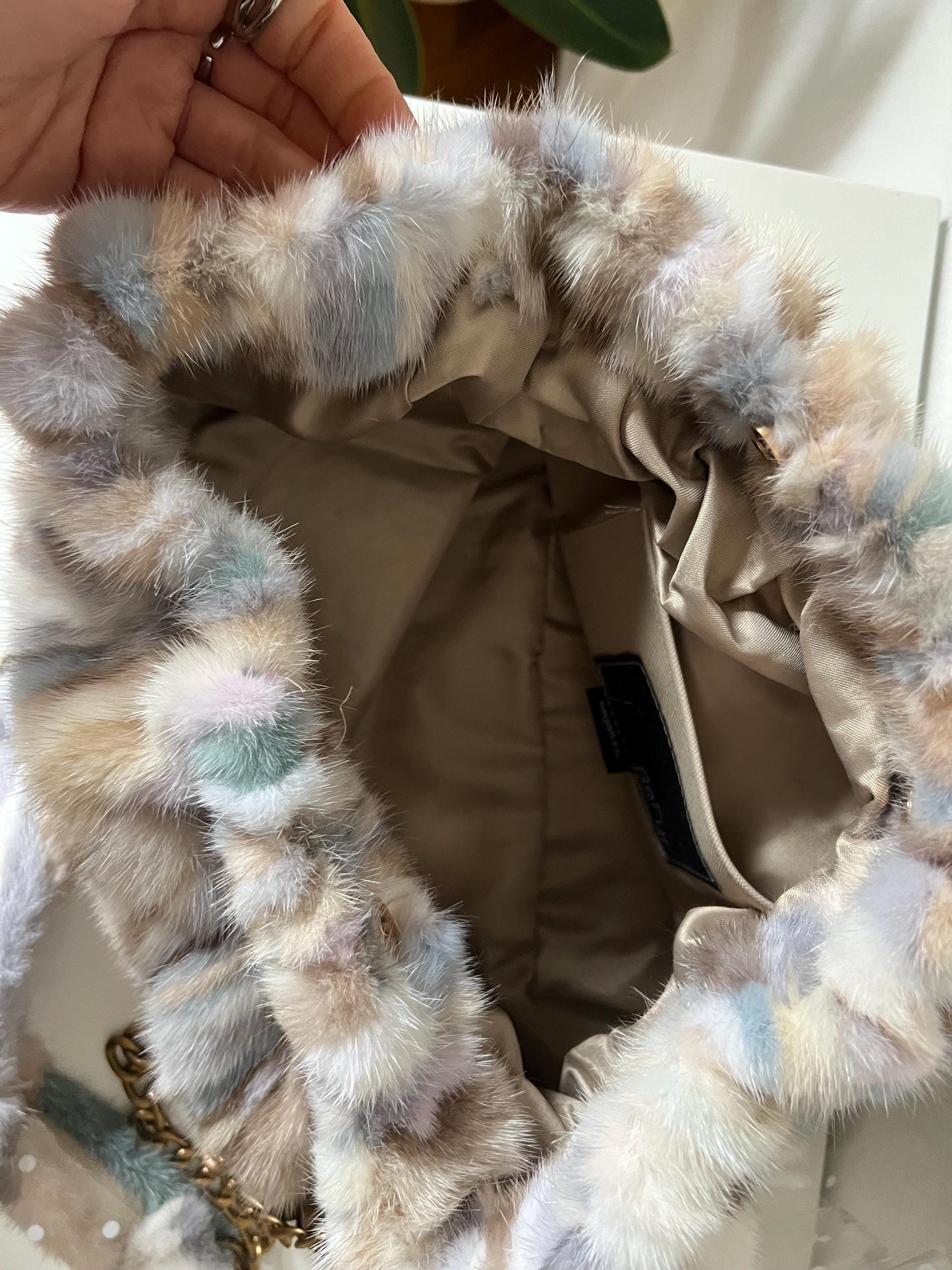 Multicolor Mink Fur Pouch Bag: Slouchy Shoulder Bag with Bronze Straps