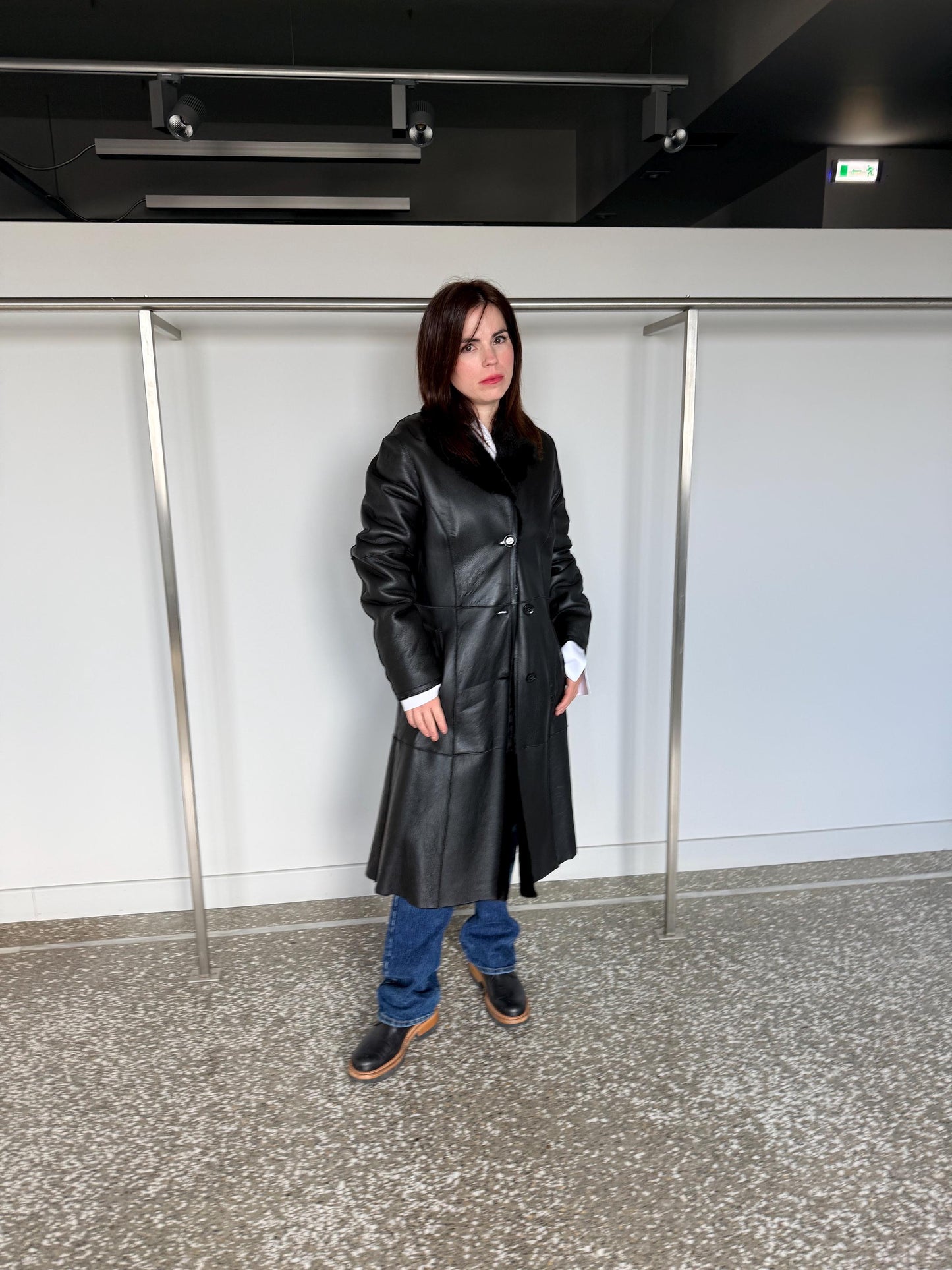 Handmade Black Shearling Fur Jacket:Long super warm Sheepskin Coat