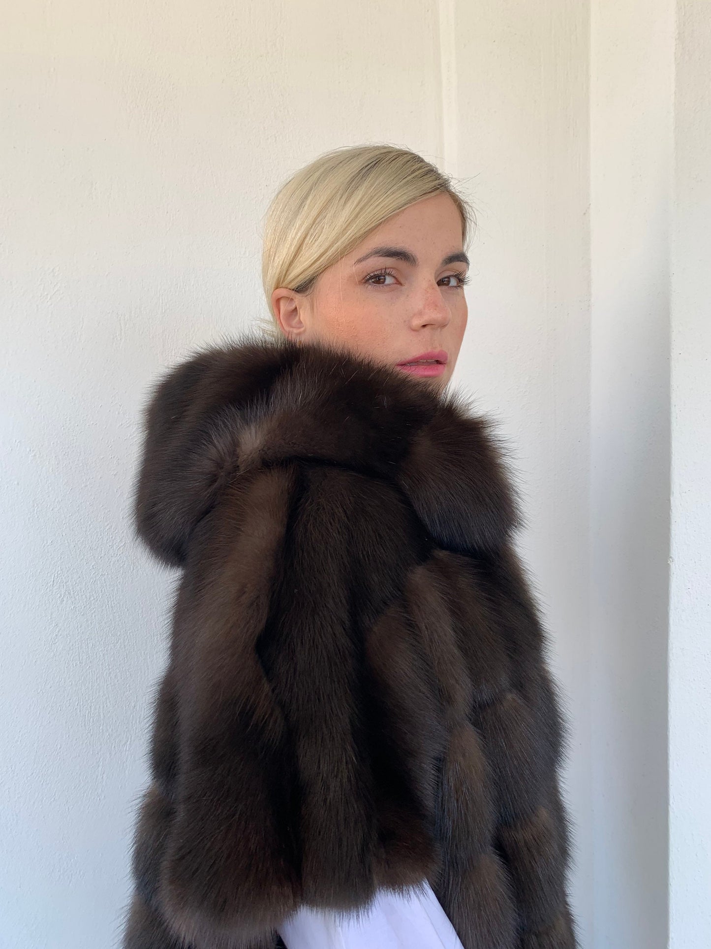 Real Barguzinsky Sable Fur Jacket: Brown Leather Trim Hooded Coat