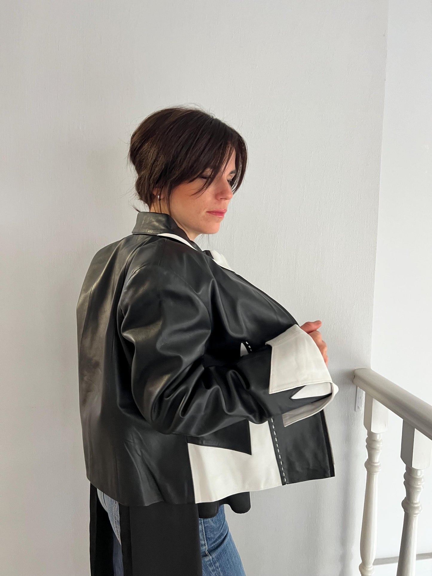 Handmade Lambskin buttery Leather Jacket: Black & White Nappa, Medium