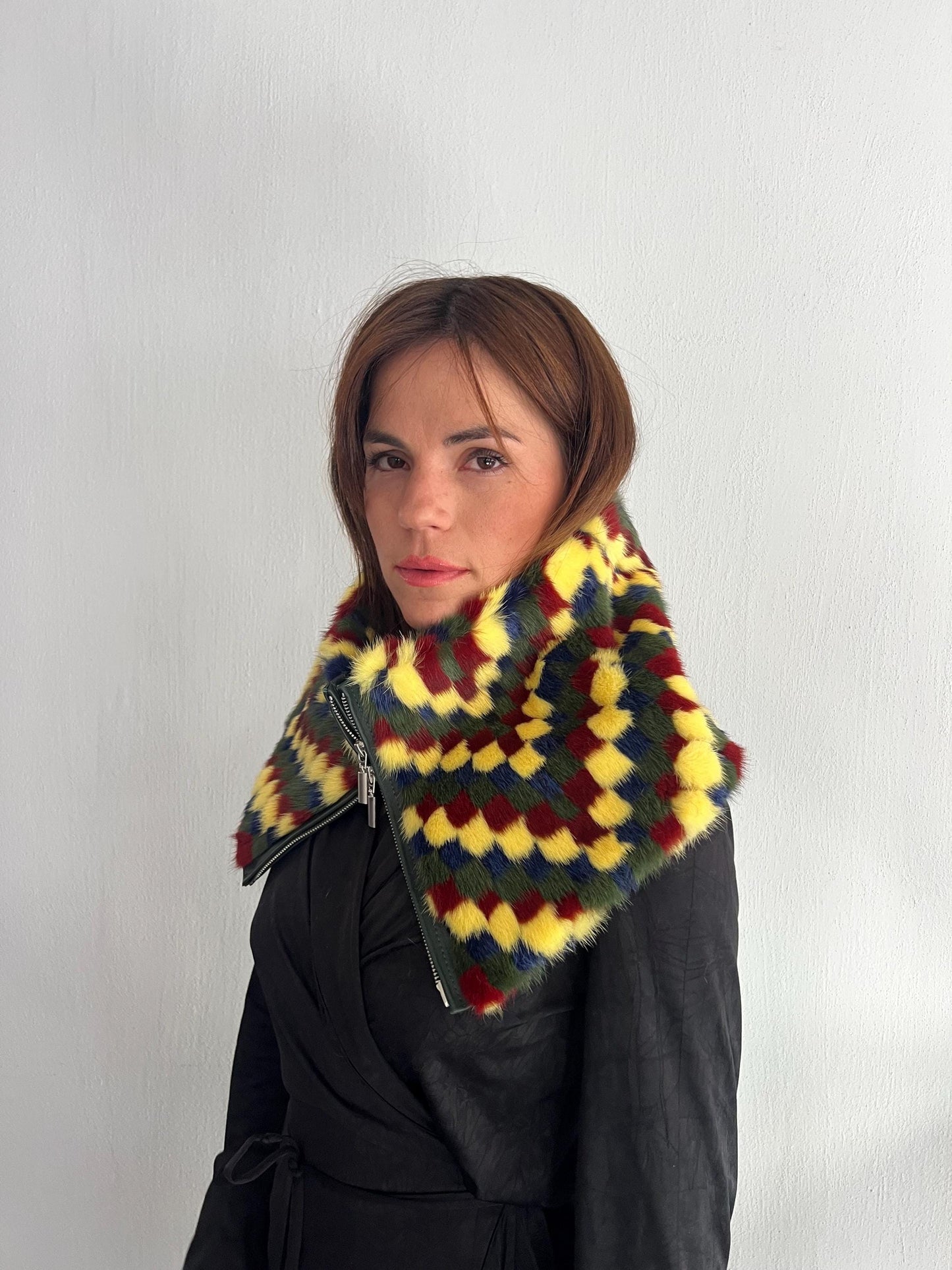 Multicolor Mink Fur Cowl Scarf: Zipped Leather Detail, Handmade