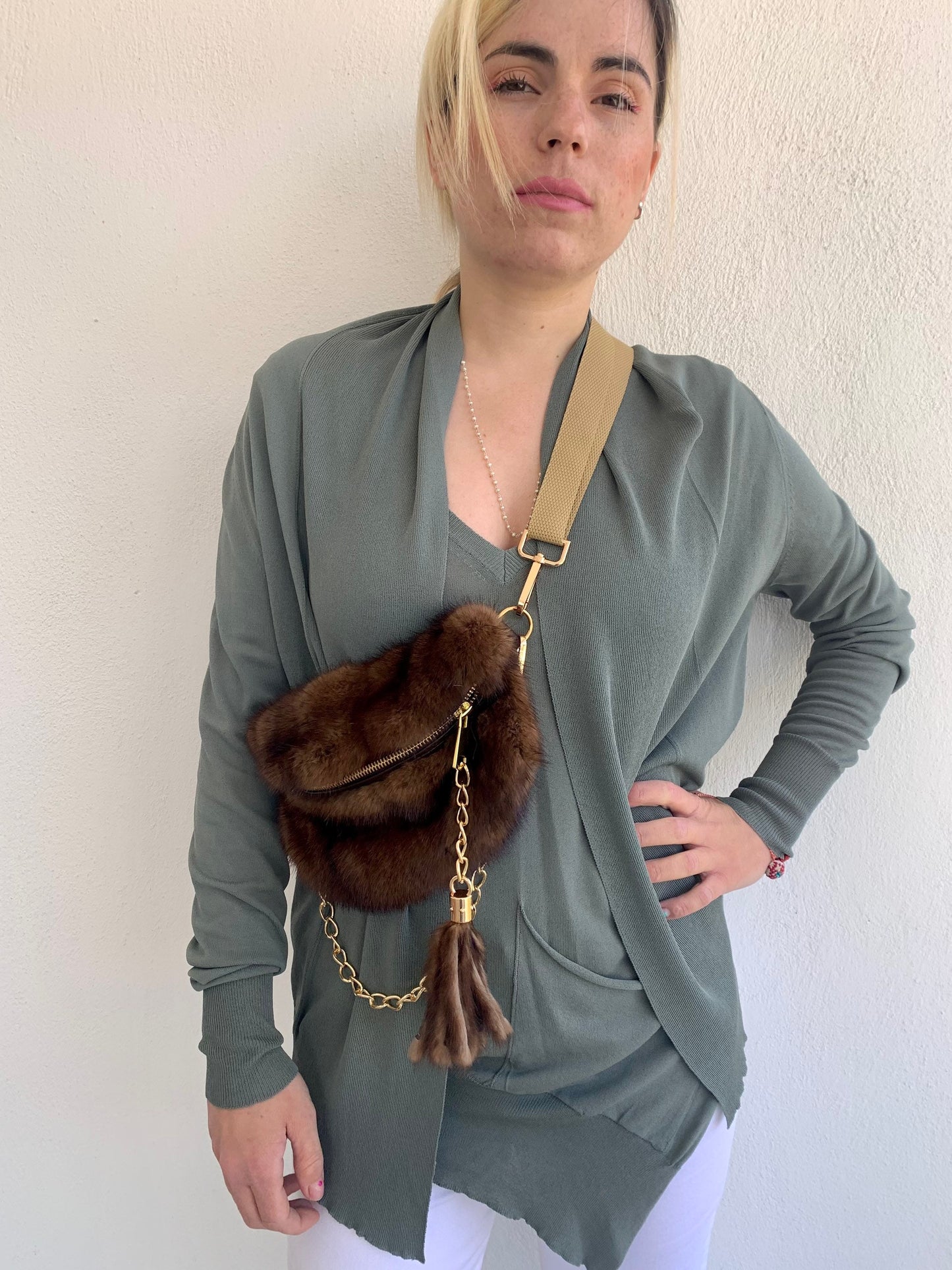 Real Mink Fur Bumbag: Tan Brown Fanny Pack with Chain