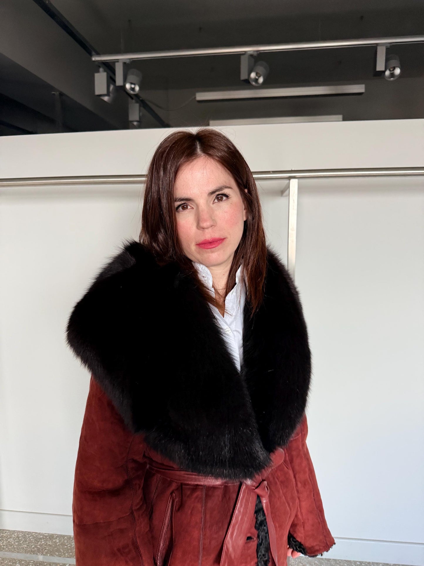 Reversible Shearling Suede Jacket with Fox Collar, Leather Belt, Made in Greece