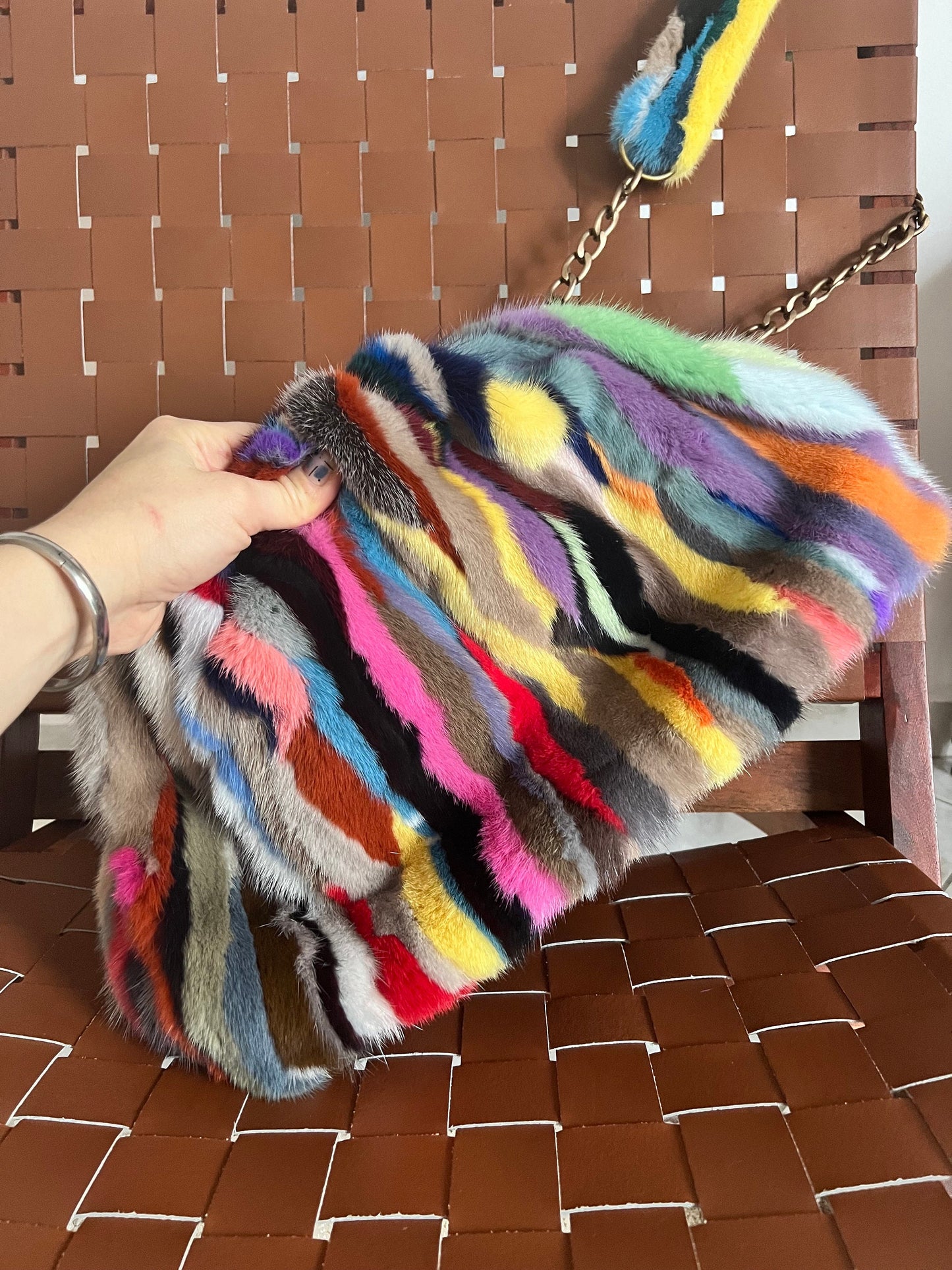 Handmade Multicolored Mink Fur Shoulder Bag with Bronze Straps