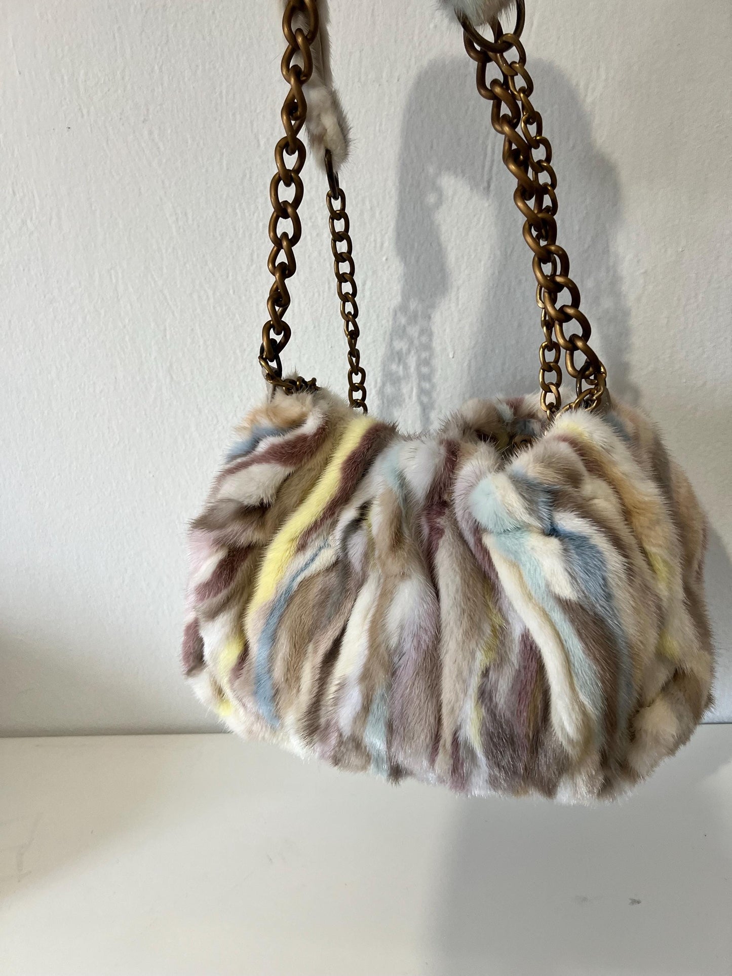 Multicolor Mink Fur Pouch Bag: Slouchy Shoulder Bag with Bronze Straps
