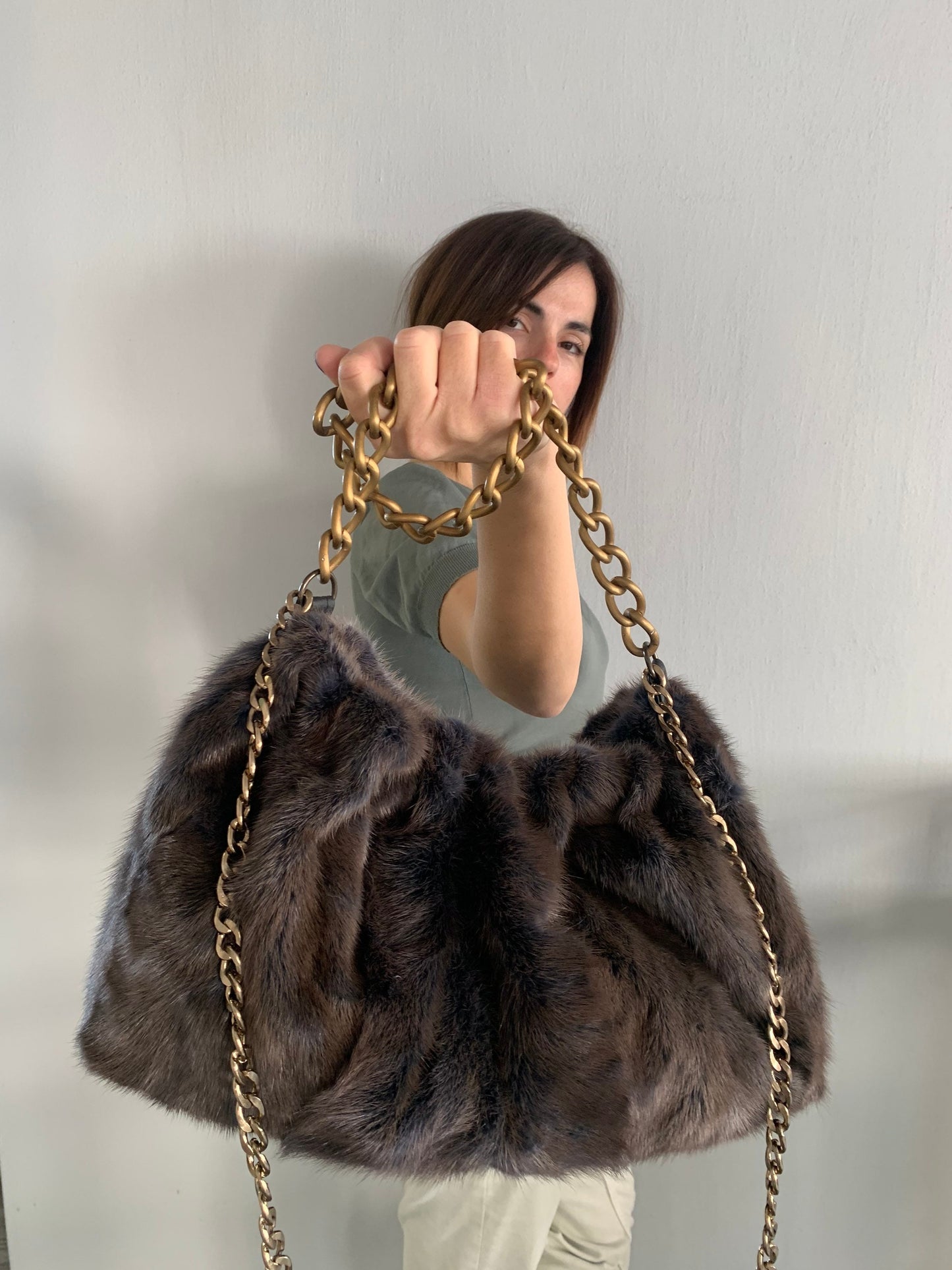 Handmade Mink Fur Shoulder Bag: Brownish Grey Slouchy Pouch with Bronze Straps