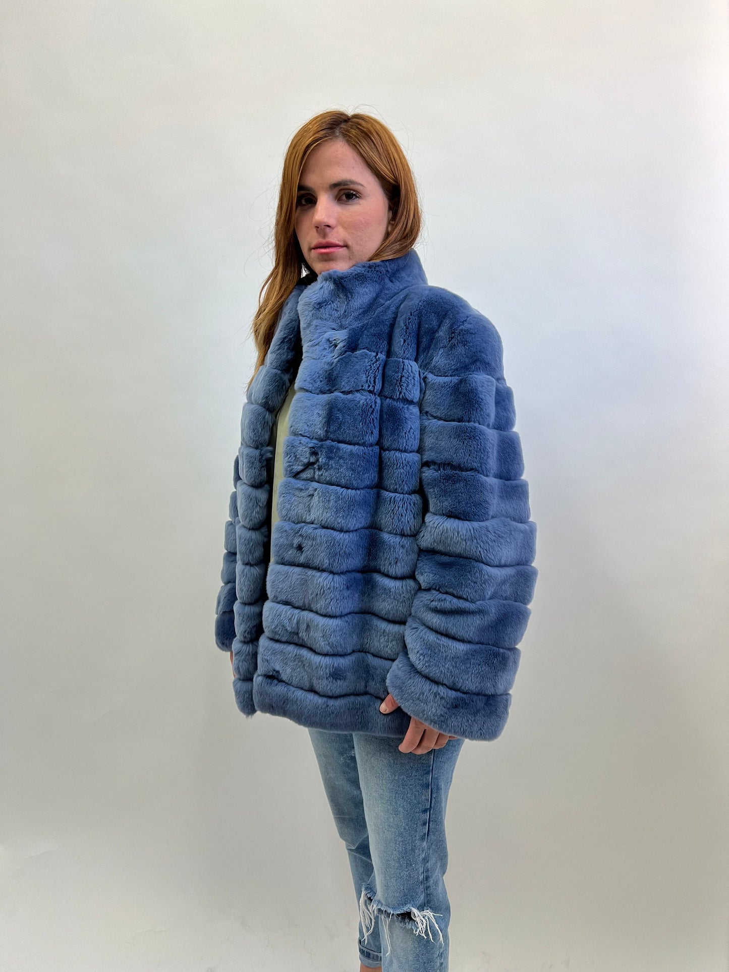 Plus Size Rex Rabbit Fur Jacket with Leather Trim