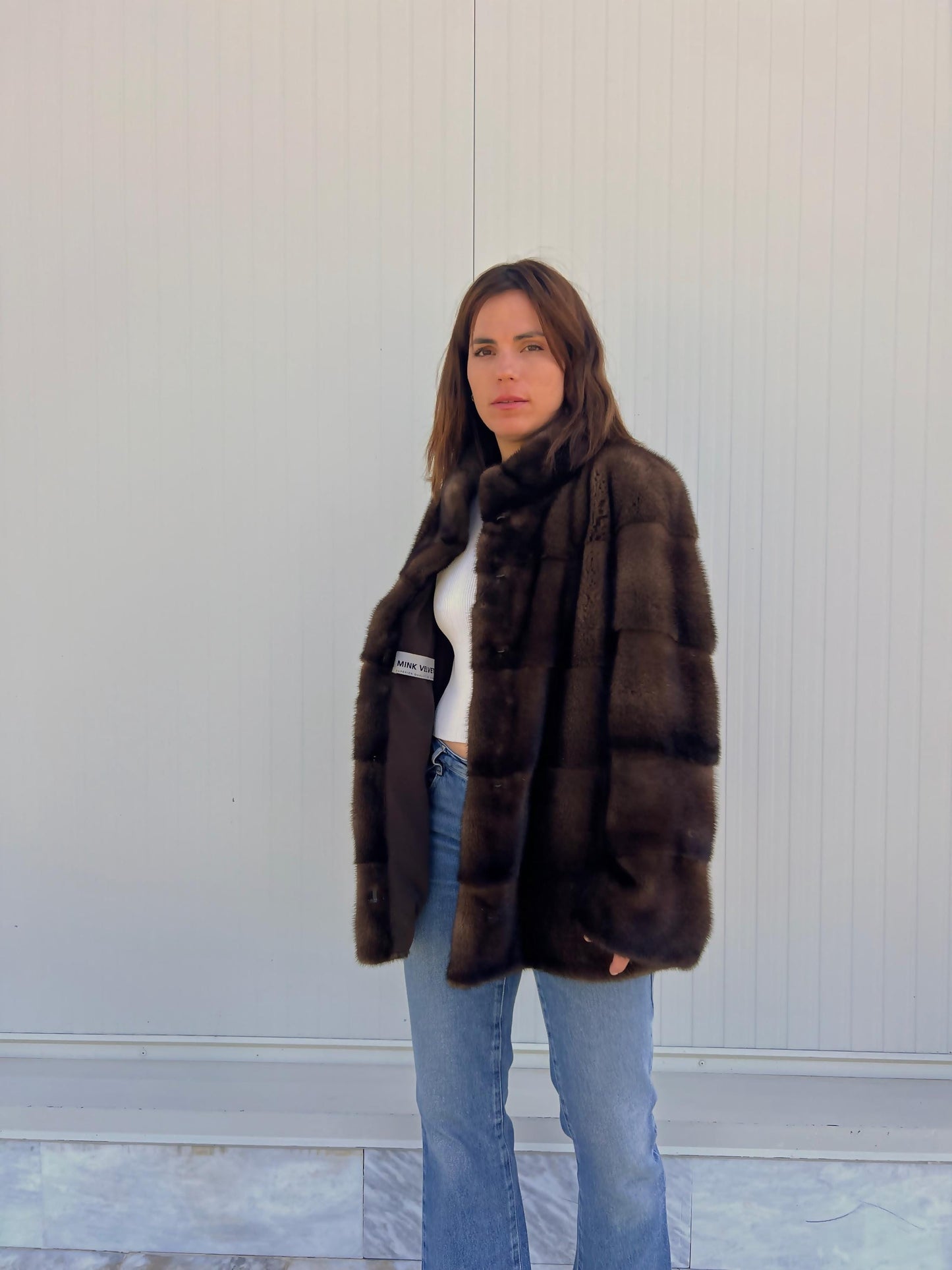 Real Mink Fur Velvet Collared Jacket - Demi Buff Brown, Small/Medium/Large