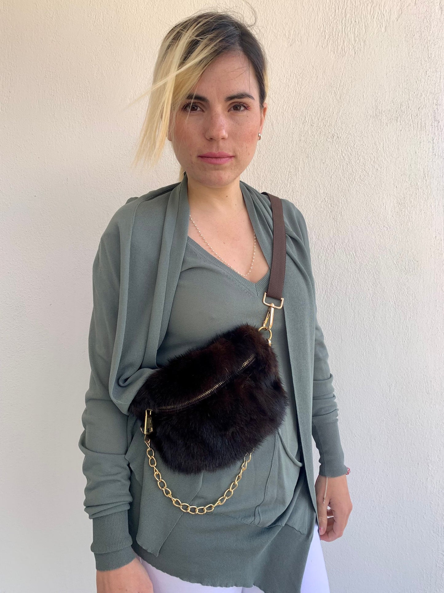 Real Mink Fur Bumbag: Brown Fanny Pack with Chain