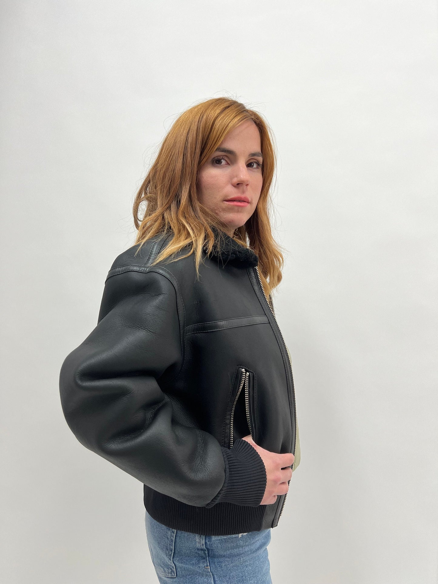 Black Shearling Fur Bomber Jacket: Nappa Leather Trim, Handmade in Greece