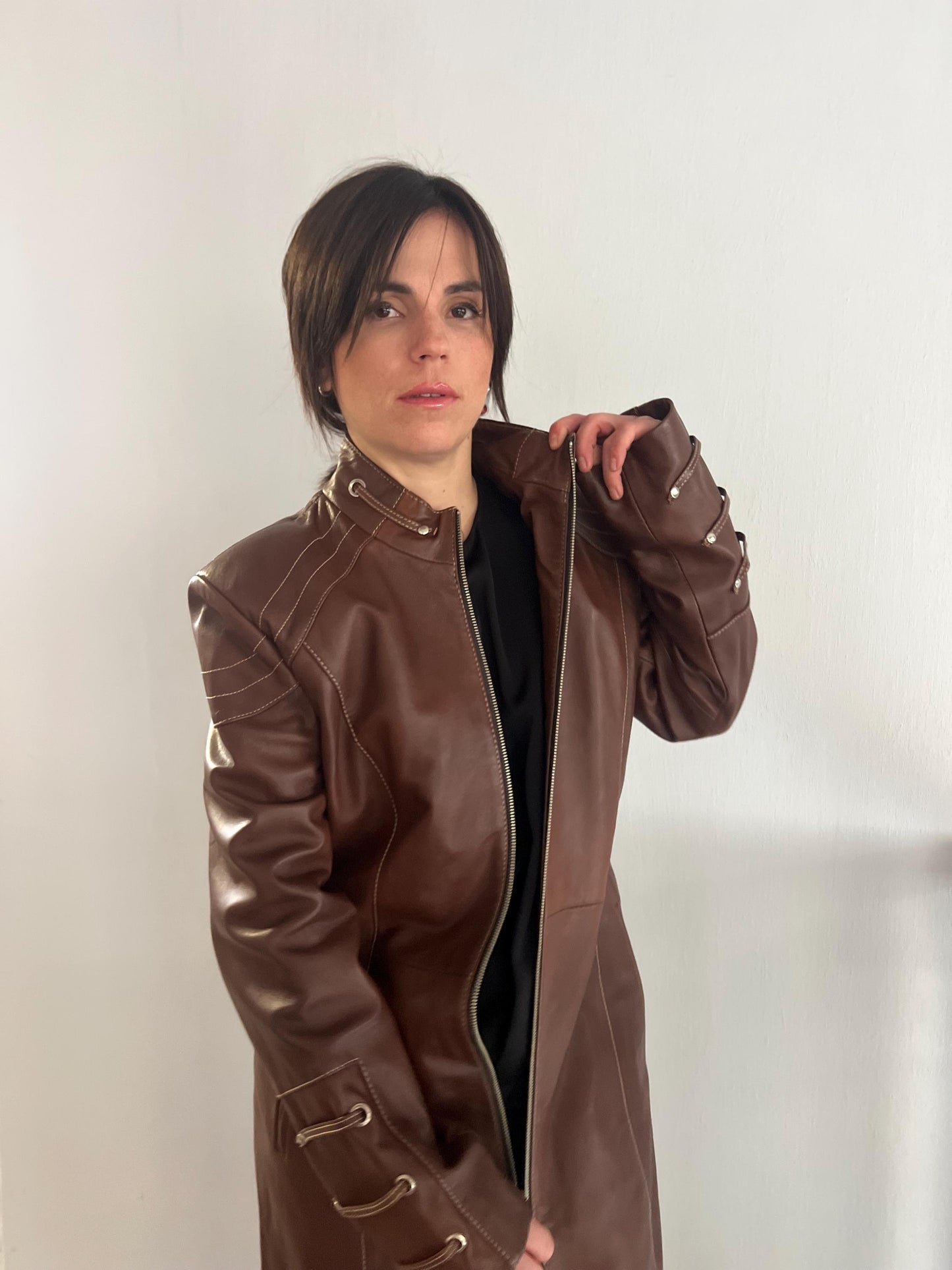 Handmade Nappa Lamb Leather Coat: Tobacco Brown Zip Front