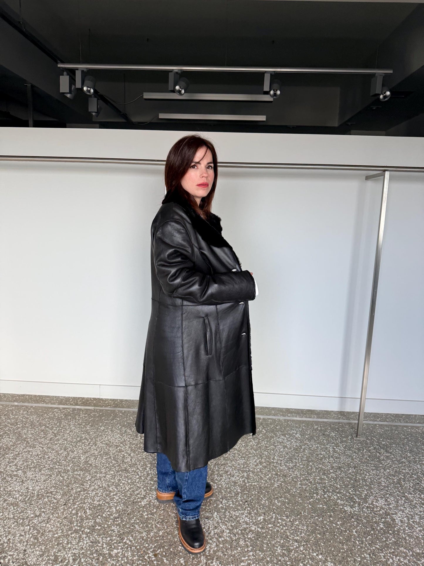 Handmade Black Shearling Fur Jacket:Long super warm Sheepskin Coat