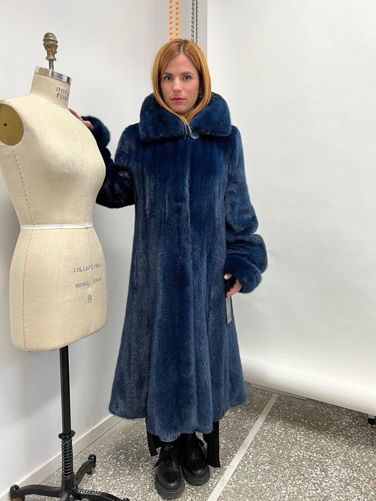 Navy Blue Mink Fur Godet Coat - Handmade in Greece