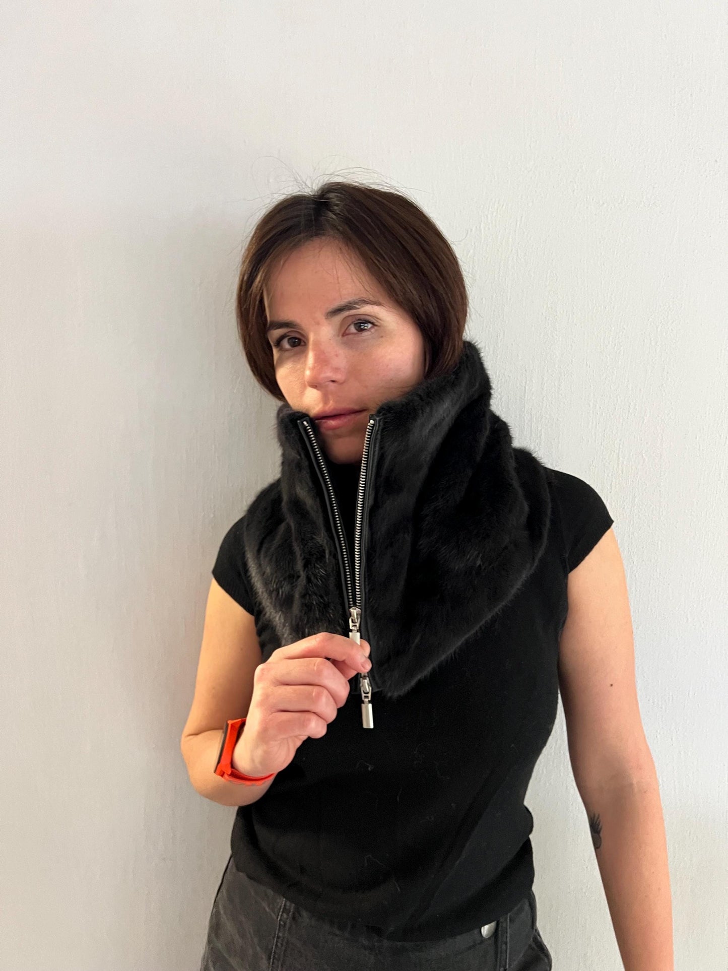 BLACK Mink Fur Cowl: Zipped dark grey Leather Detail Infinity Scarf
