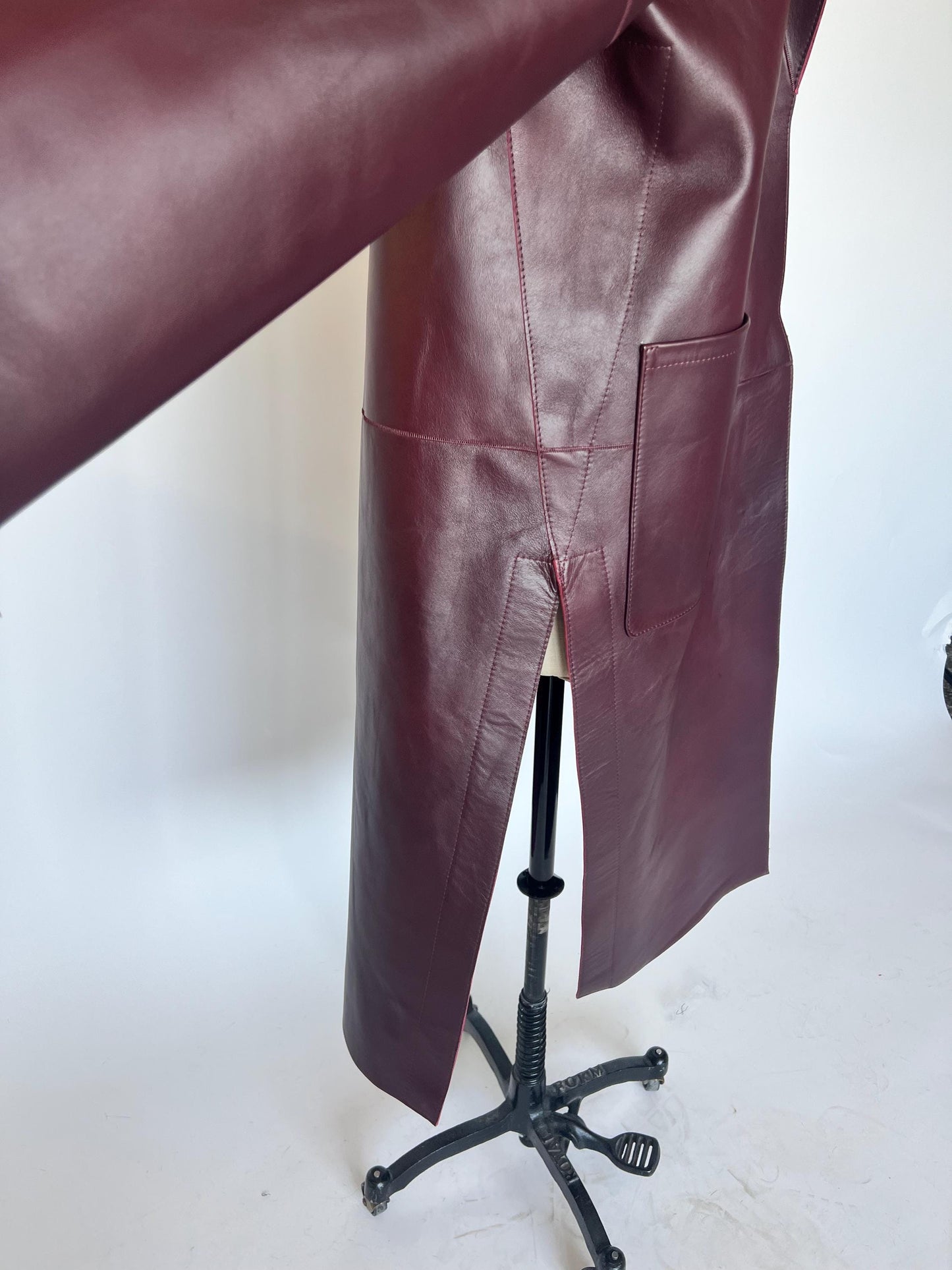 Burgundy thick Leather Coat: Oversized  Premium hide Handmade full length with slits on the sides.