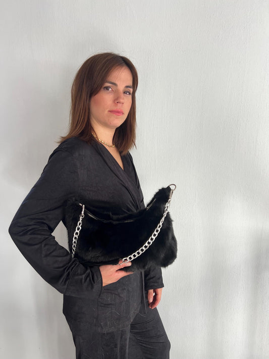 Black Mink Fur Tote Bag: Leather & Chain Detail, Handmade