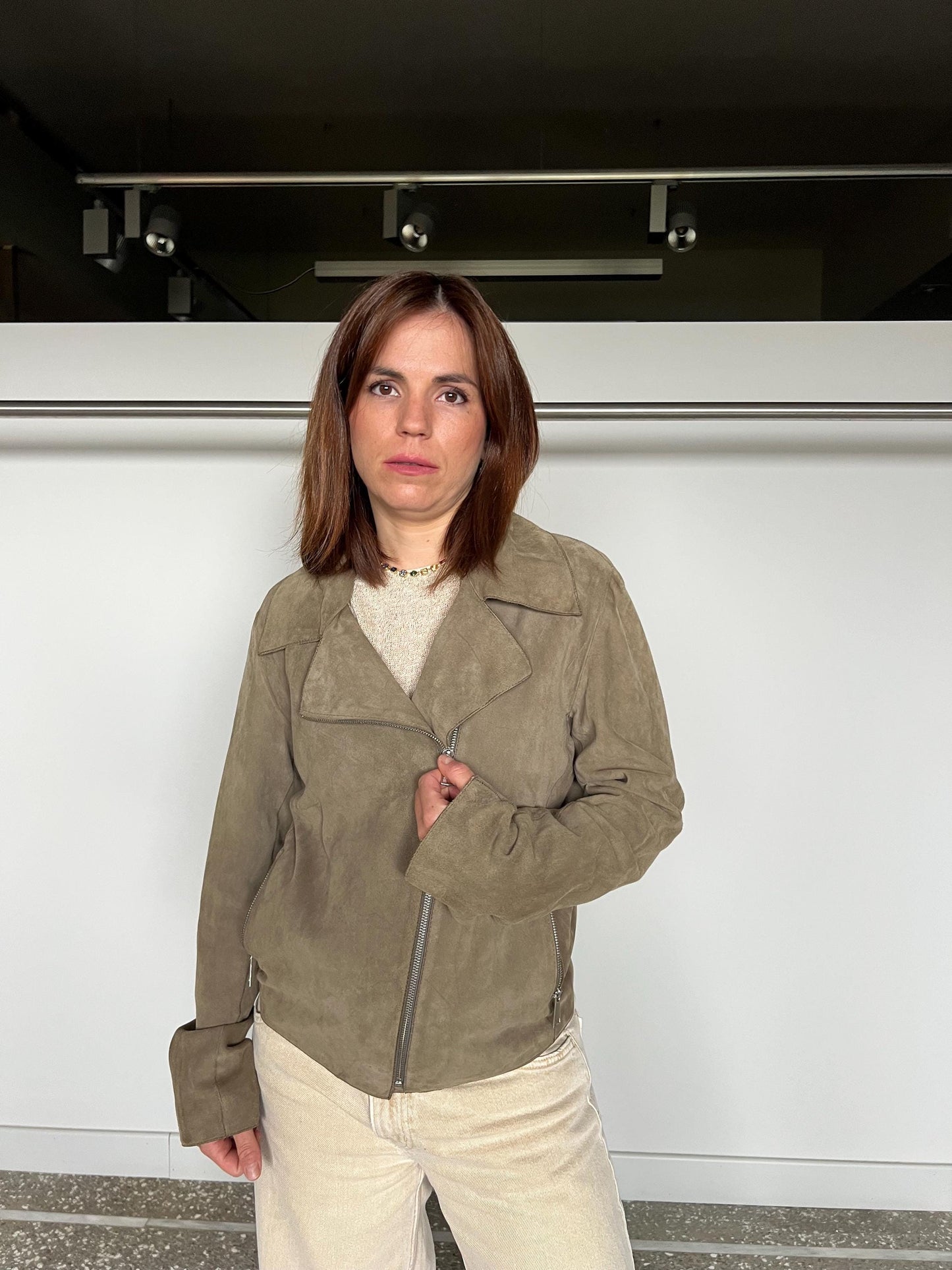 Grey olive  suede leather biker jacket . Light genuinely leather: Handmade blazer with pockets .