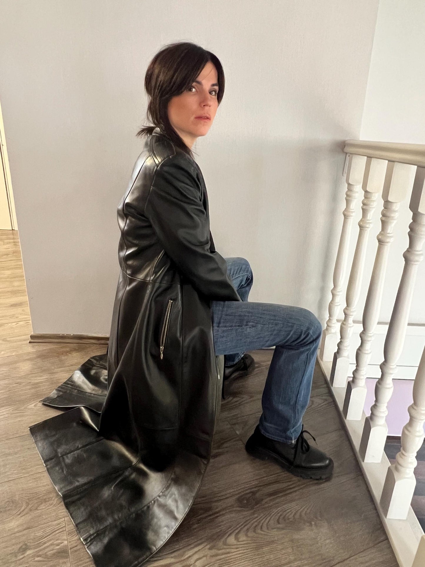 Handcrafted buttery Nappa Leather Coat with zippers and belt: Full Length Black Overcoat.
