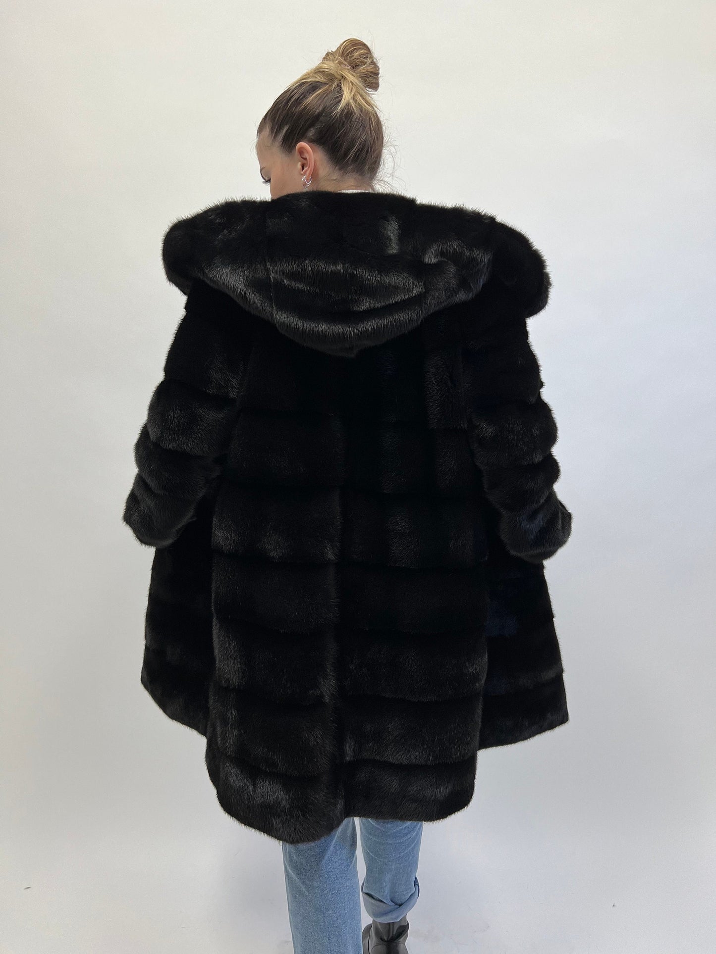 Real Mink Fur Hooded Coat: Black Full Skin Jacket