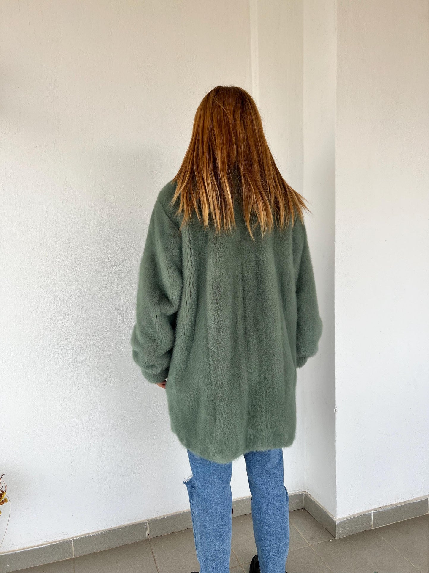 Pistachio Mink Fur Over-Shirt Coat: Grey Boxy Style, XL