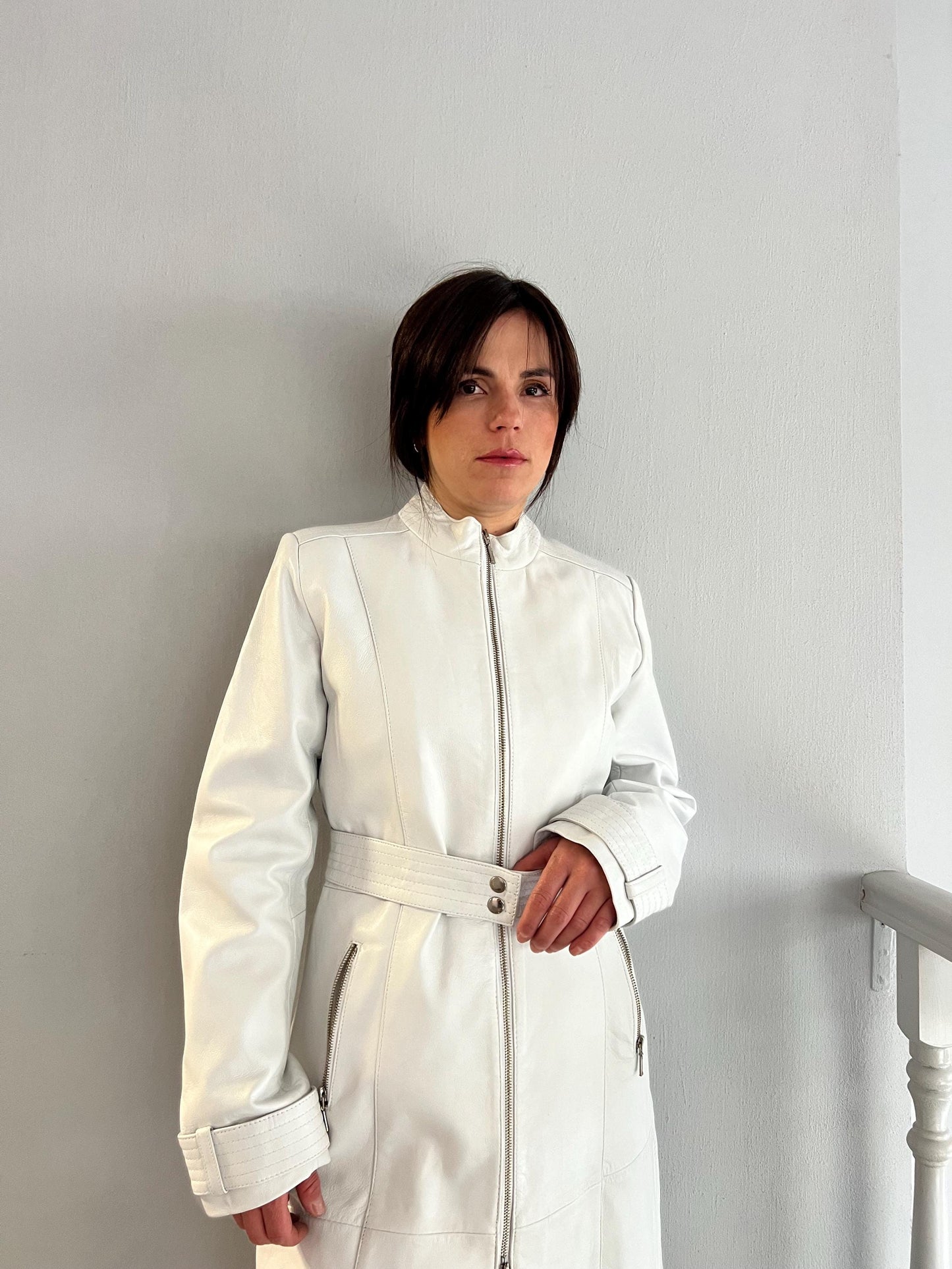 White Nappa Lambskin Leather Coat - Handmade Belted Zip Front