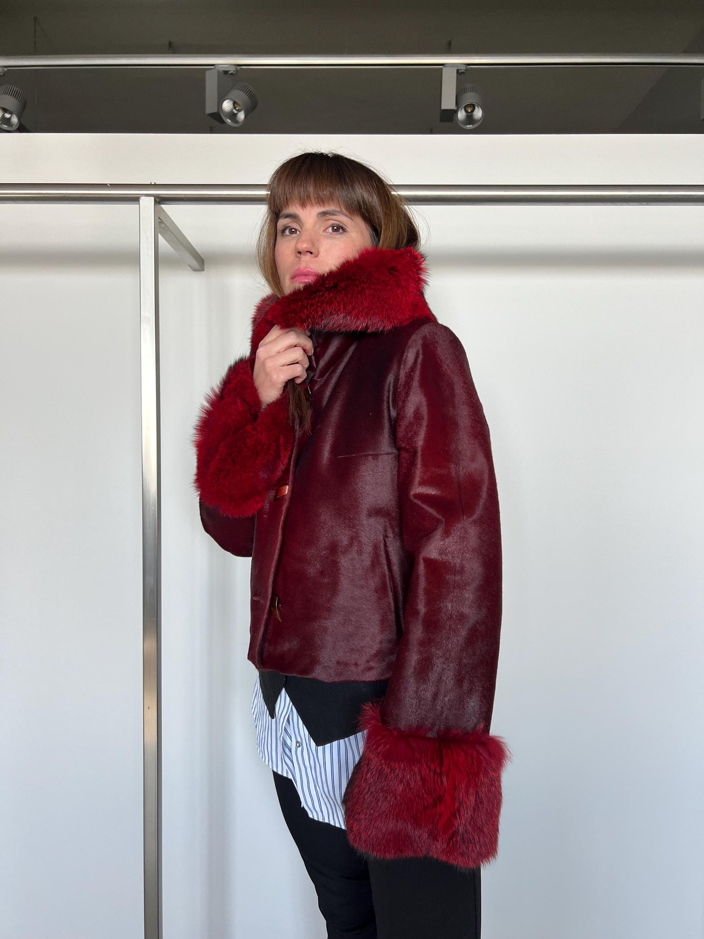 Genuine Cherry Leather Jacket: Hair-On Hide, Fox Fur Trim