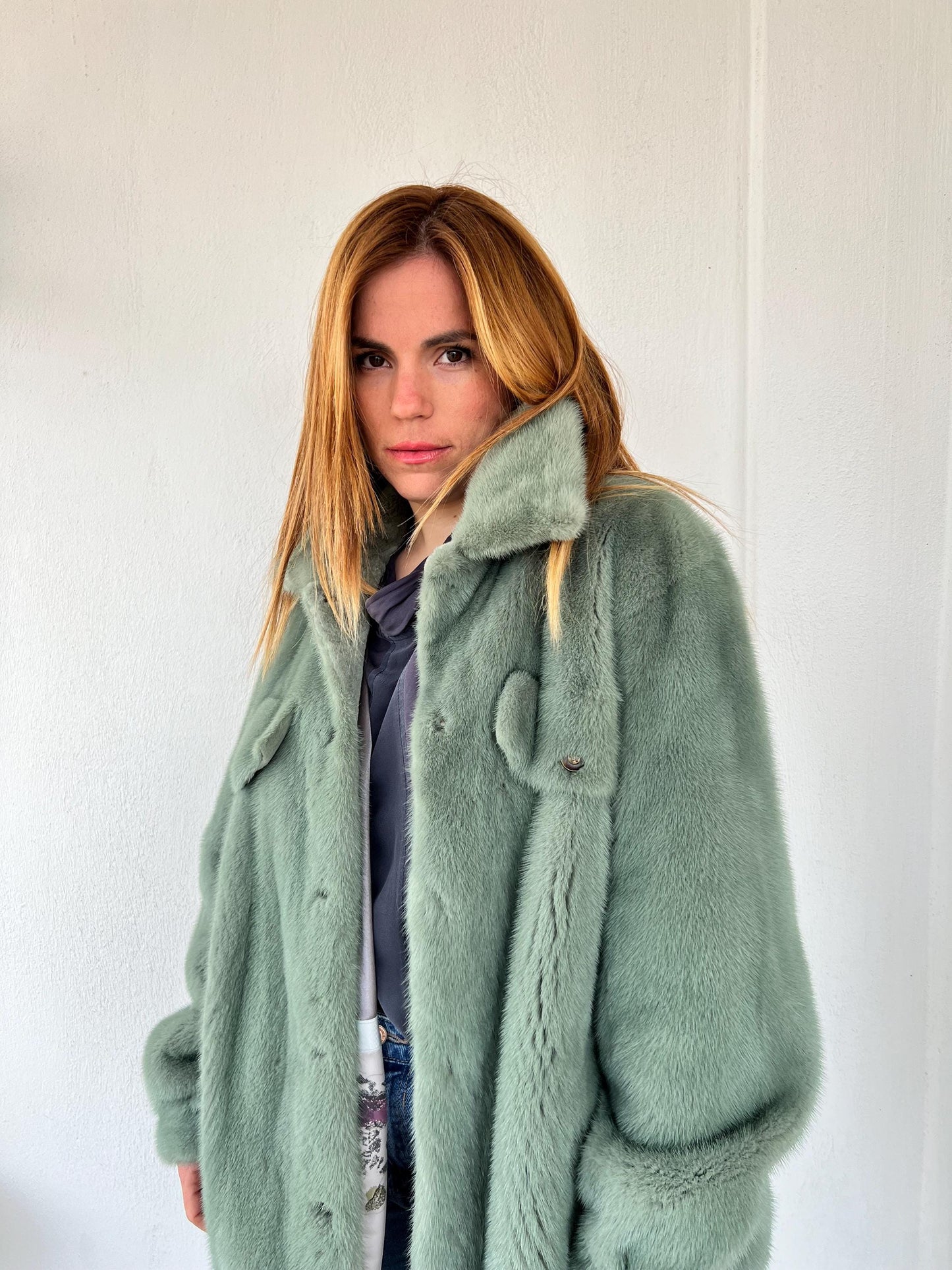 Pistachio Mink Fur Over-Shirt Coat: Grey Boxy Style, XL