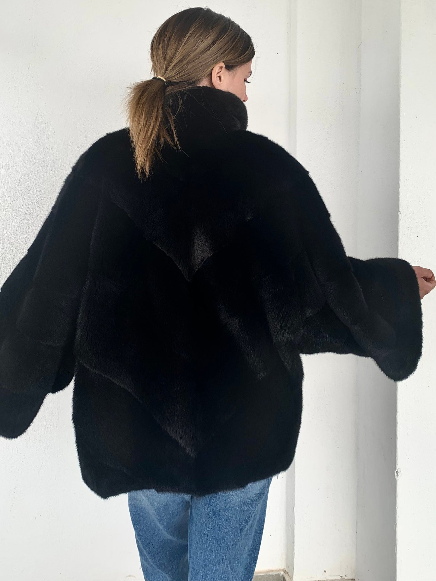 Handmade Black Mink Fur Cape: Oversized Luxury Jacket