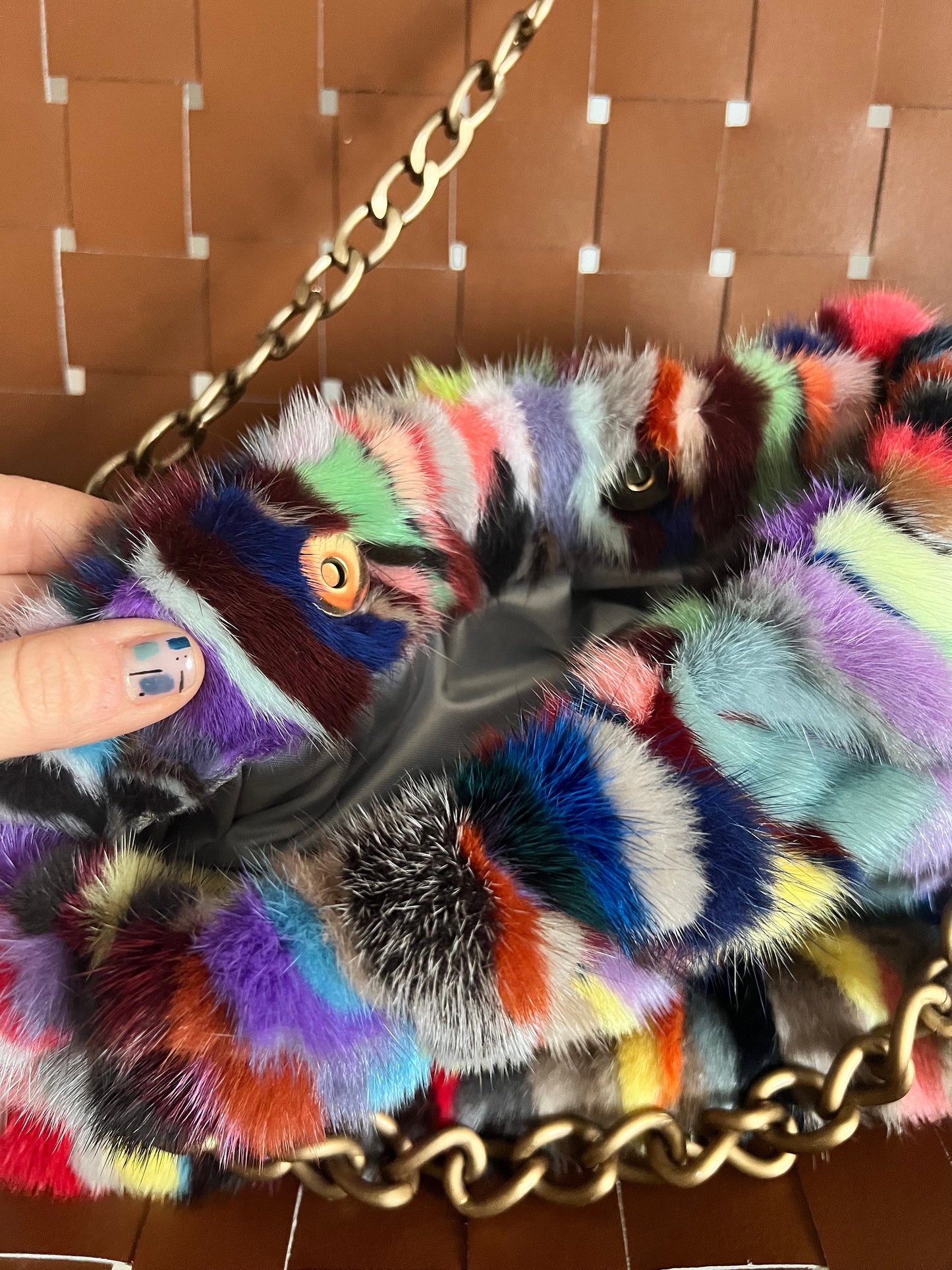 Handmade Multicolored Mink Fur Shoulder Bag with Bronze Straps