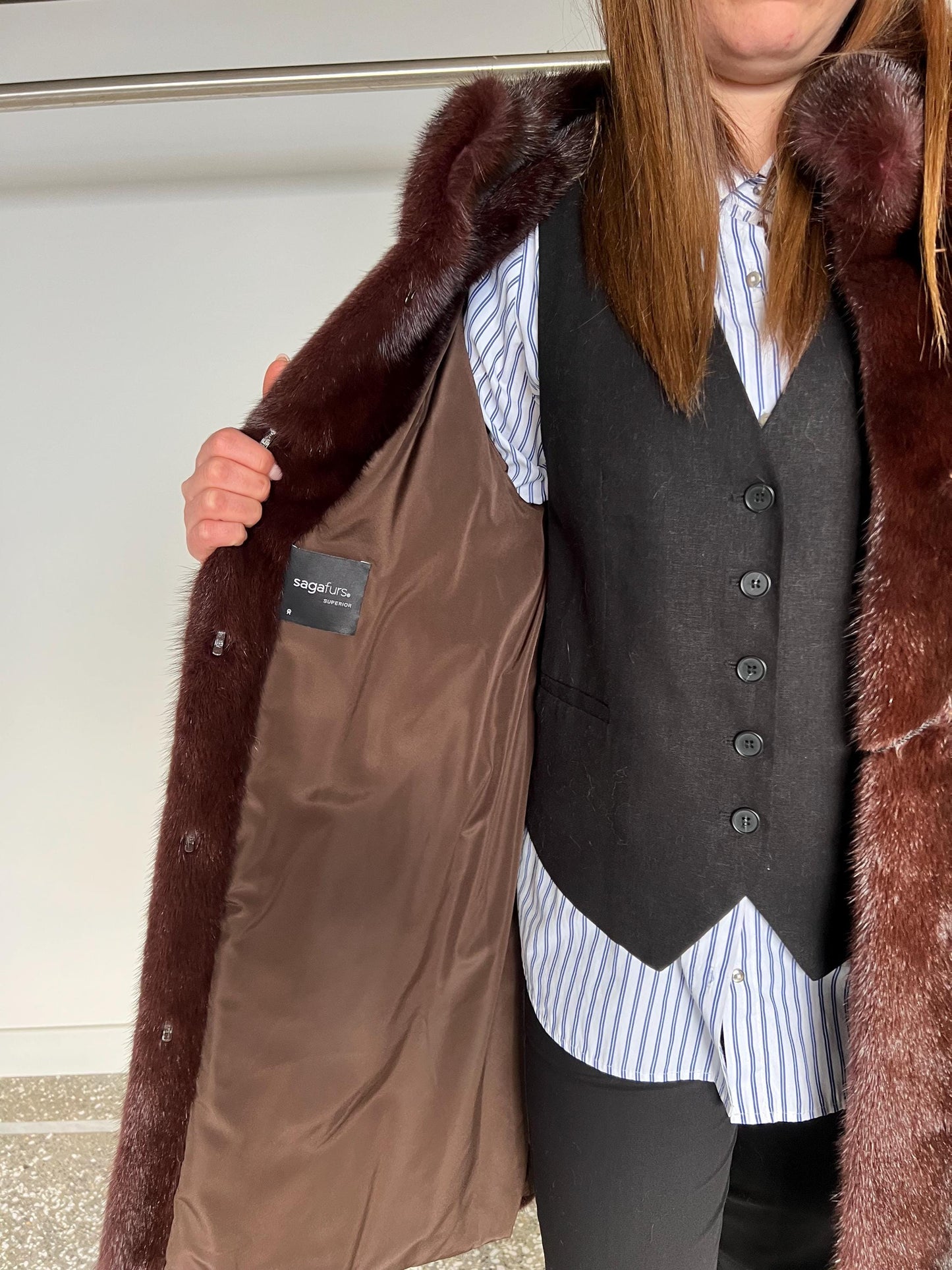 Burgundy Mink Fur Coat: Saga Quality, Stand Up Collar (Medium)