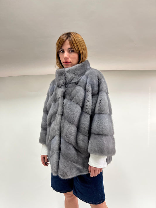 Real Silver Grey Mink Fur Coat - Saga Pelt, High Collar