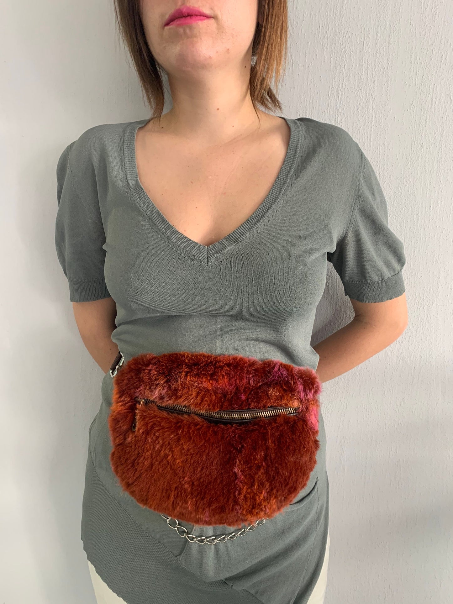 Terracotta Rabbit Fur Bumbag with Chain Strap