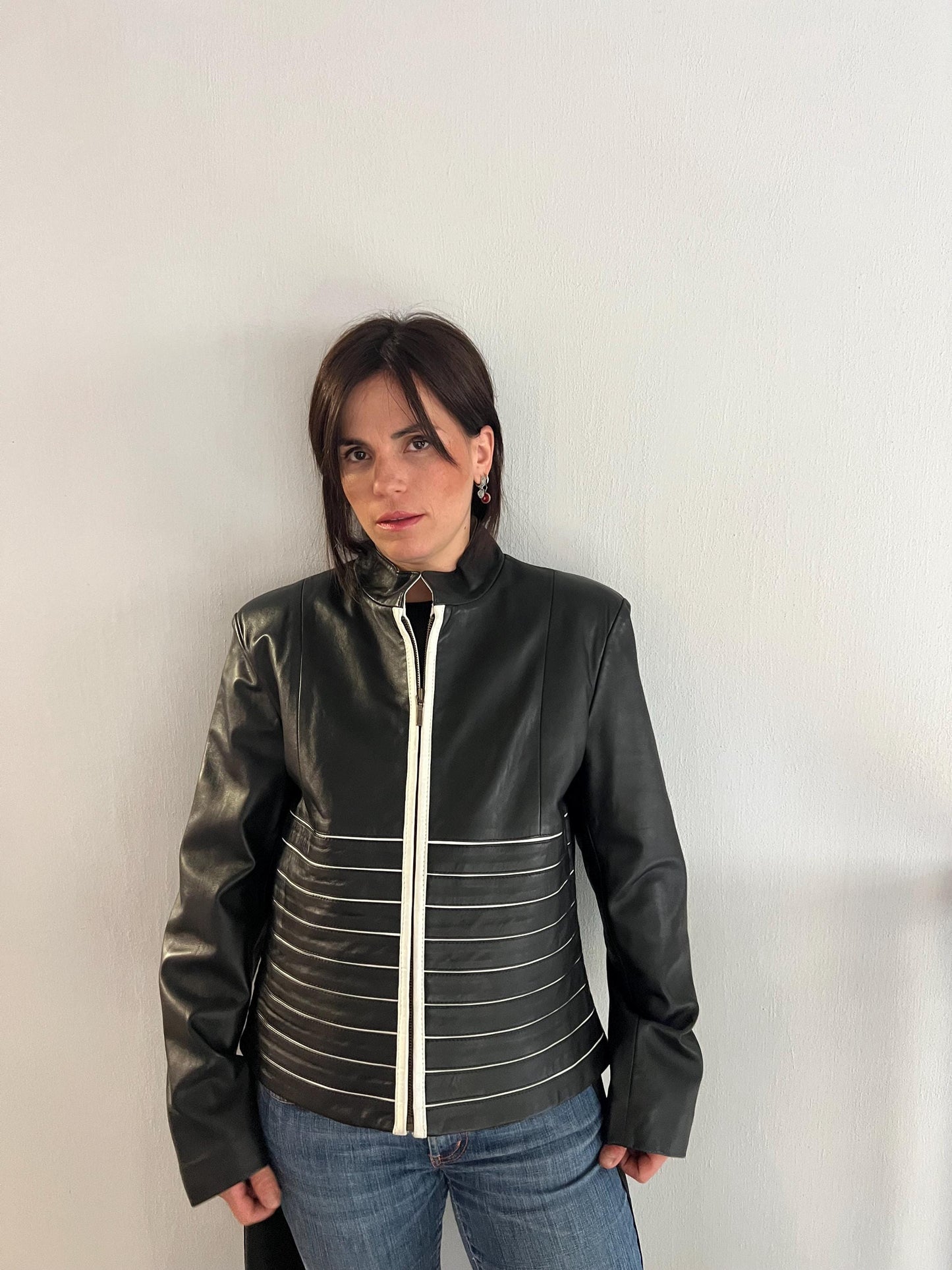 Handmade Black and White Lambskin buttery zipped up Leather Jacket - Medium