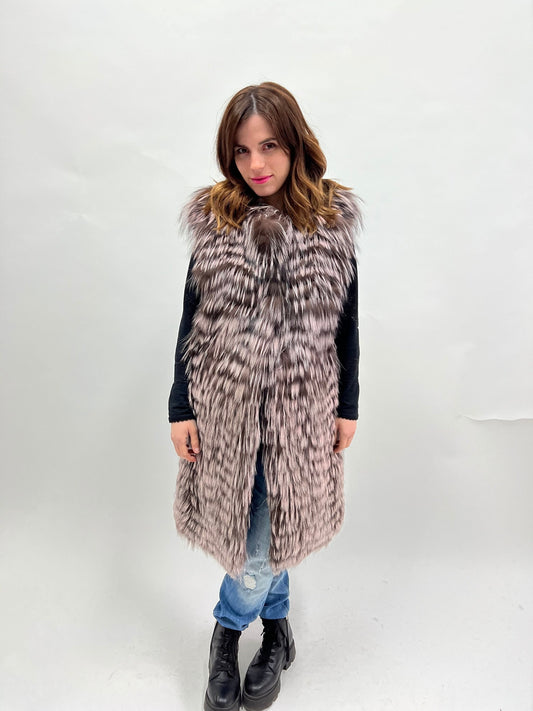 Pink Pastel Fox Fur Vest: Luxury Long Coat, Size Small