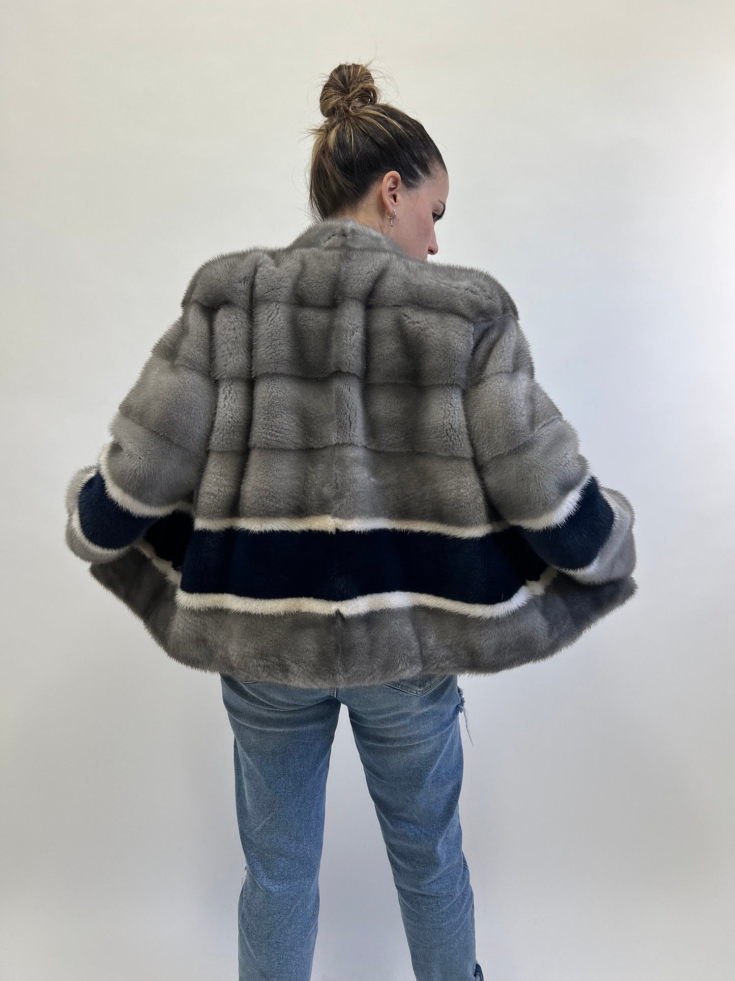 Sapphire Mink Fur Jacket: Navy, White & Grey Modern Coat