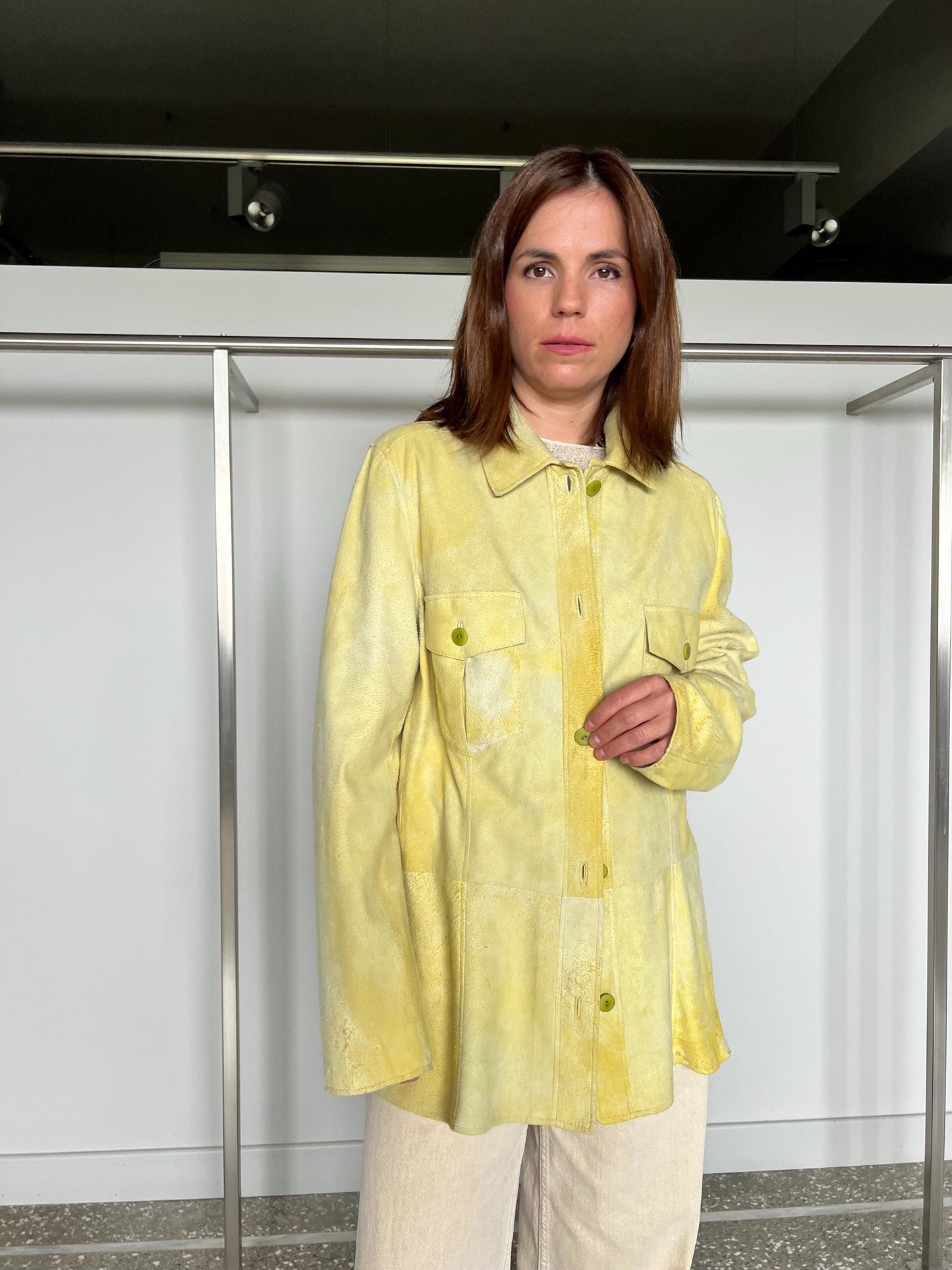 Lime suede leather distressed overshirt. Light genuinely leather: Handmade blazer with external pockets.
