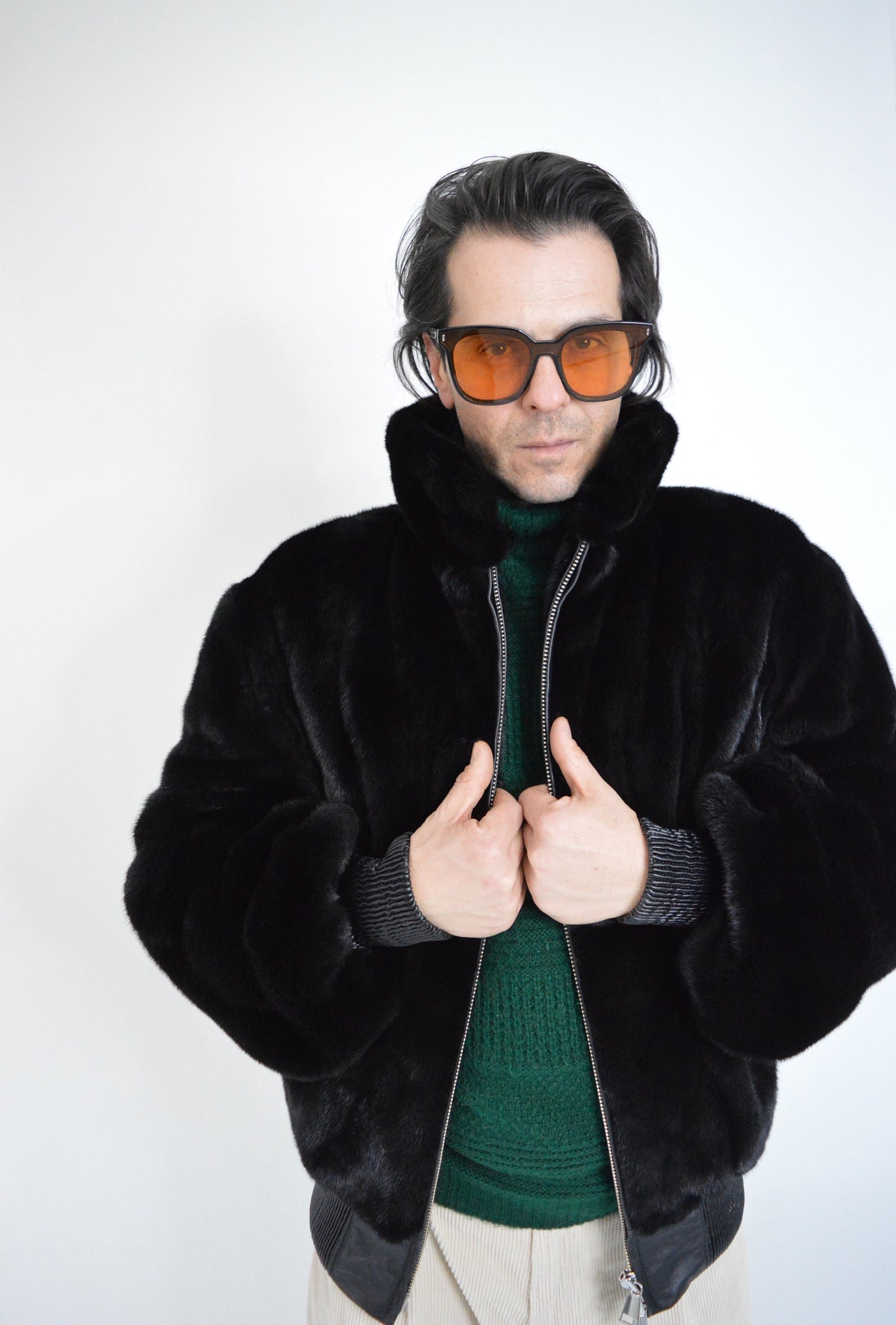 Velvet Mink Bomber Jacket: Black Saga velvet for men with Leather Details