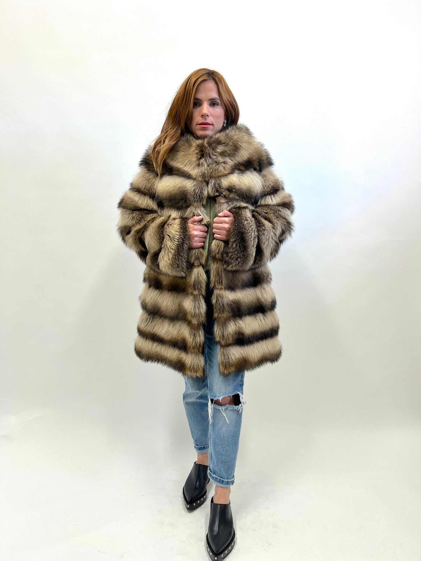 Real Raccoon Fur Coat: Beige Brown Horizontal Sheared Trim size Small.
