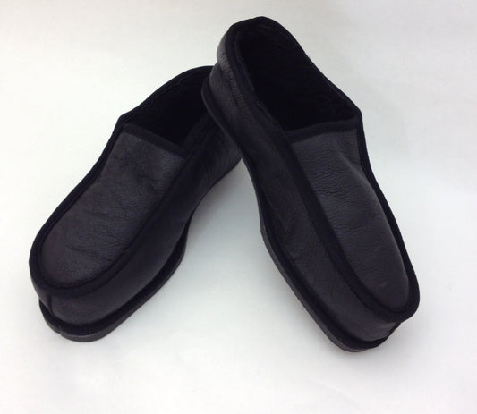 Genuine Shearling Fur Slippers for Men: Black Sheepskin Leather Slip-Ons