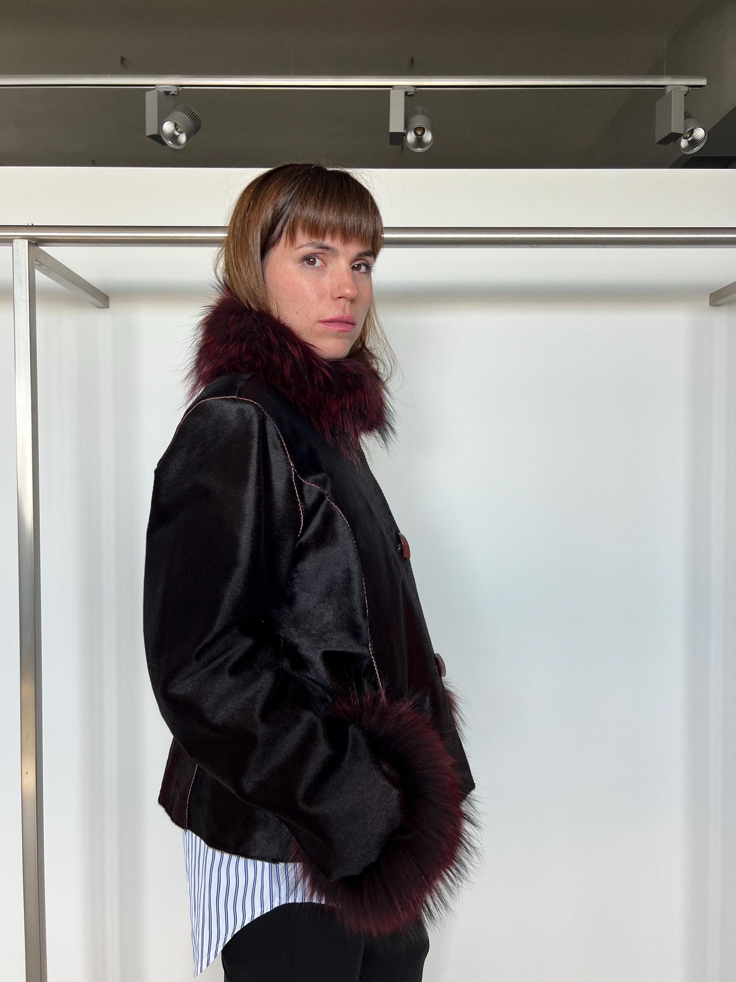 Hair-On Calf Hide Jacket: Burgundy Leather with Raccoon Fur - X-Large