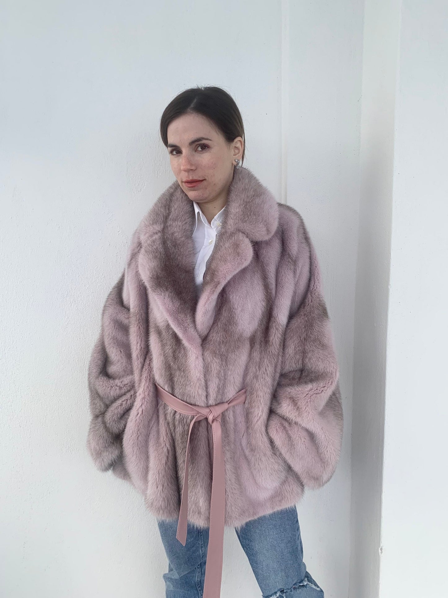 Pink & Black Cross Mink Fur Cape with Leather Belt