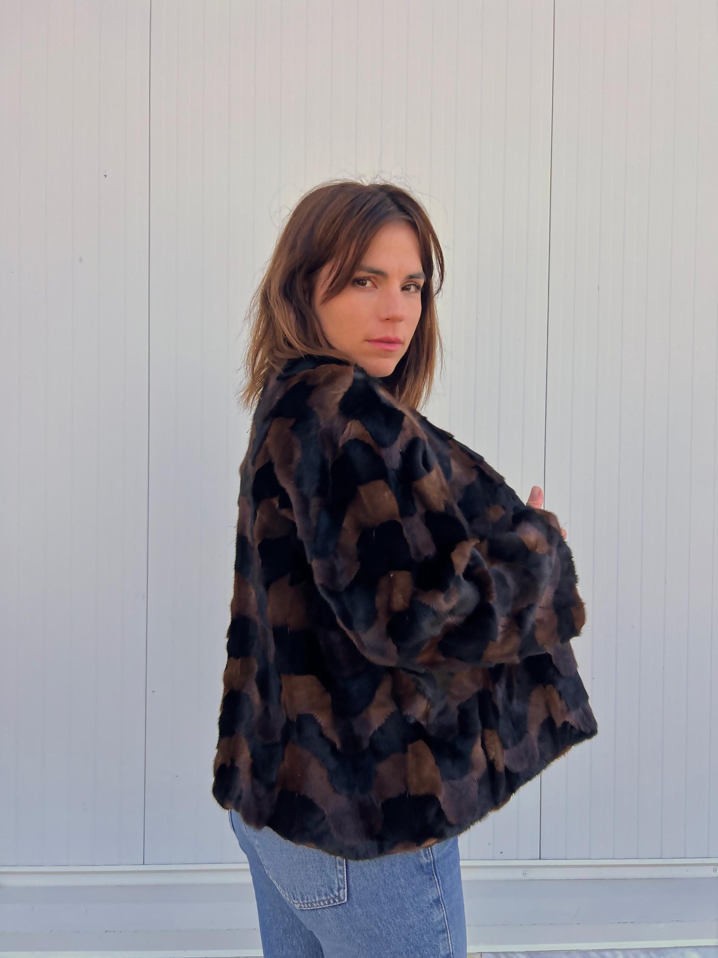 Sheared Mink Fur Jacket: Brown & Black Intarsia Design, Hagen Closure